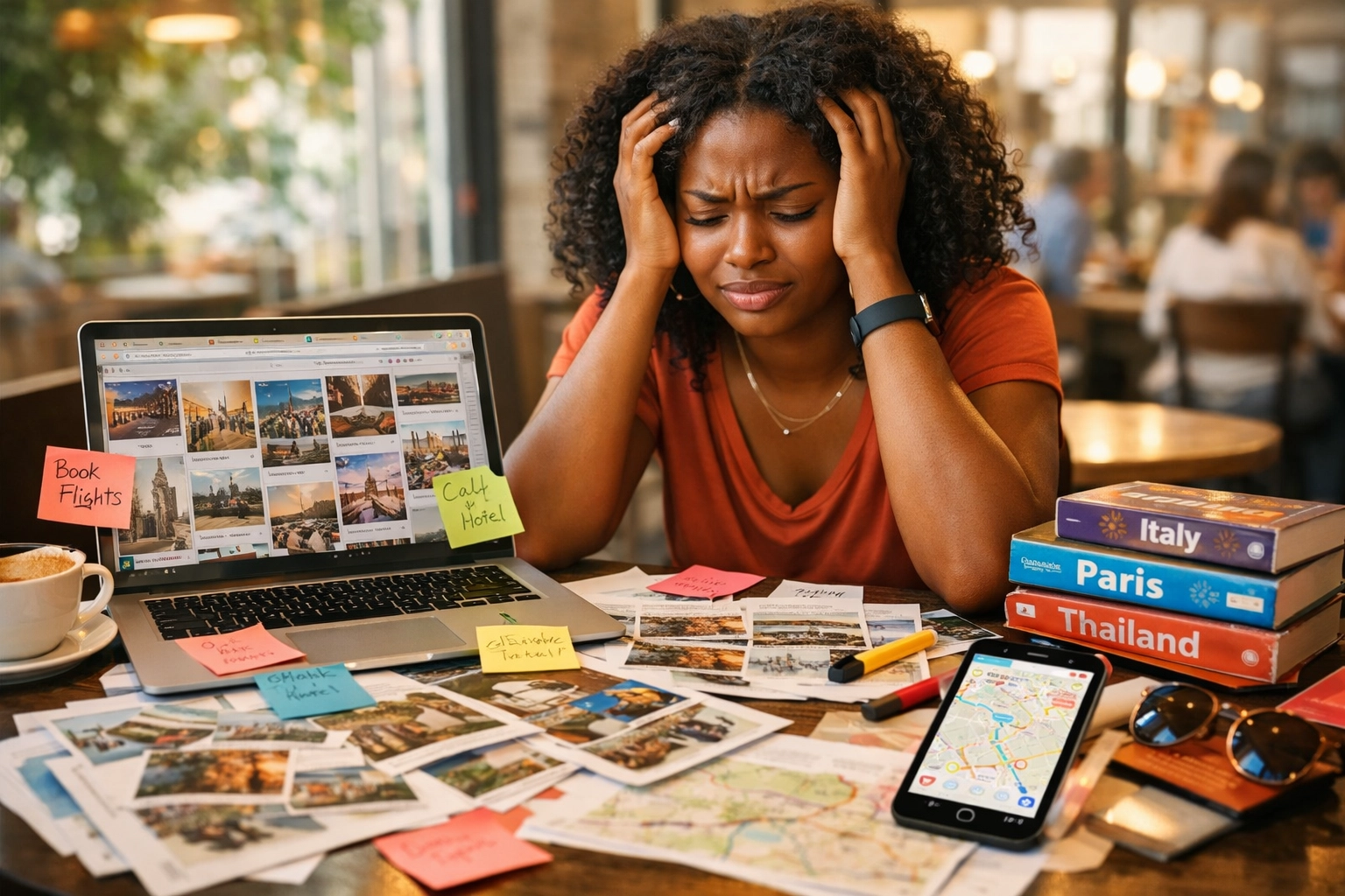 Frustrated traveler overwhelmed by Pinterest travel planning with scattered maps and guidebooks