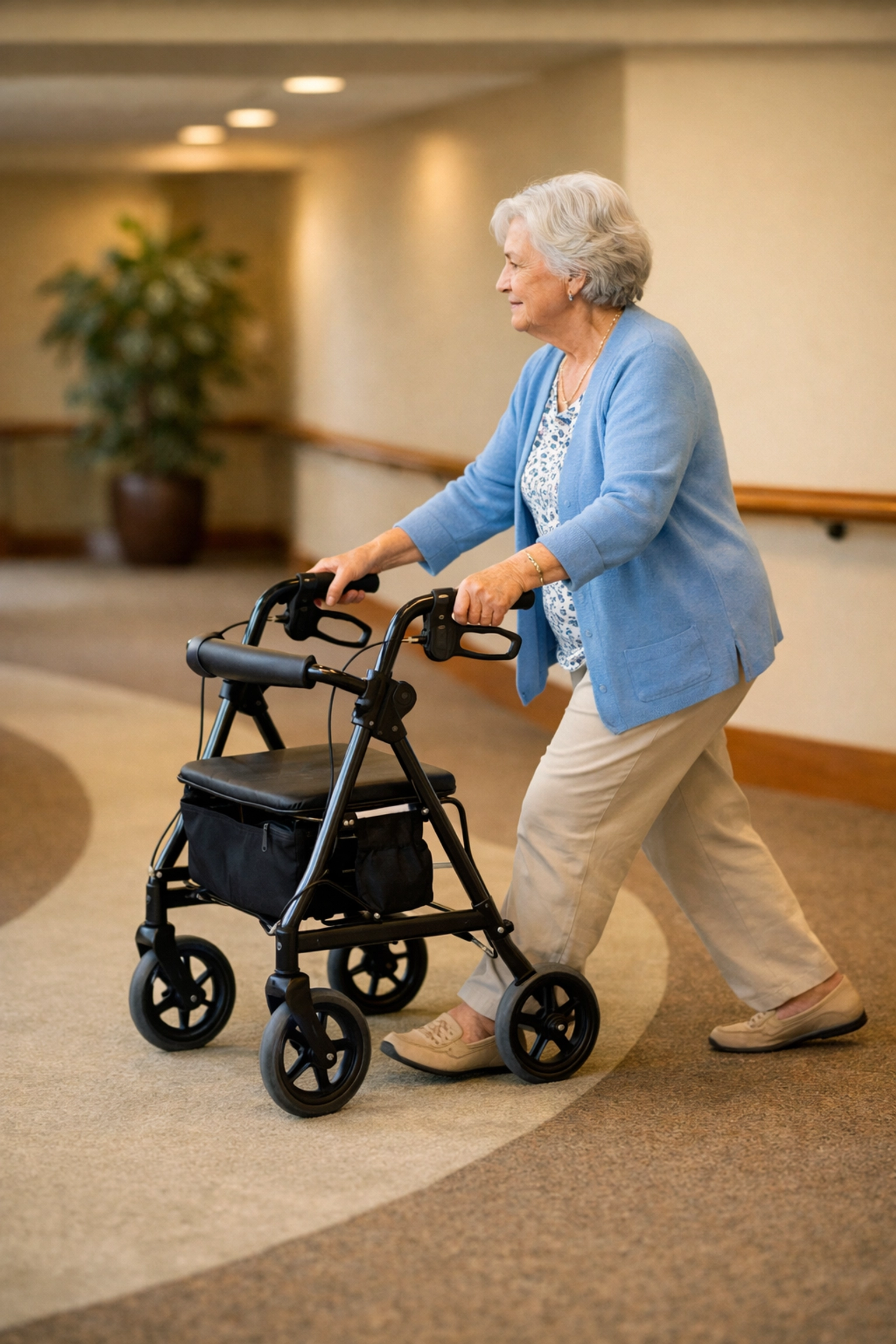 Senior woman making a wide, safe turn with a rollator in a hallway to maintain stability.