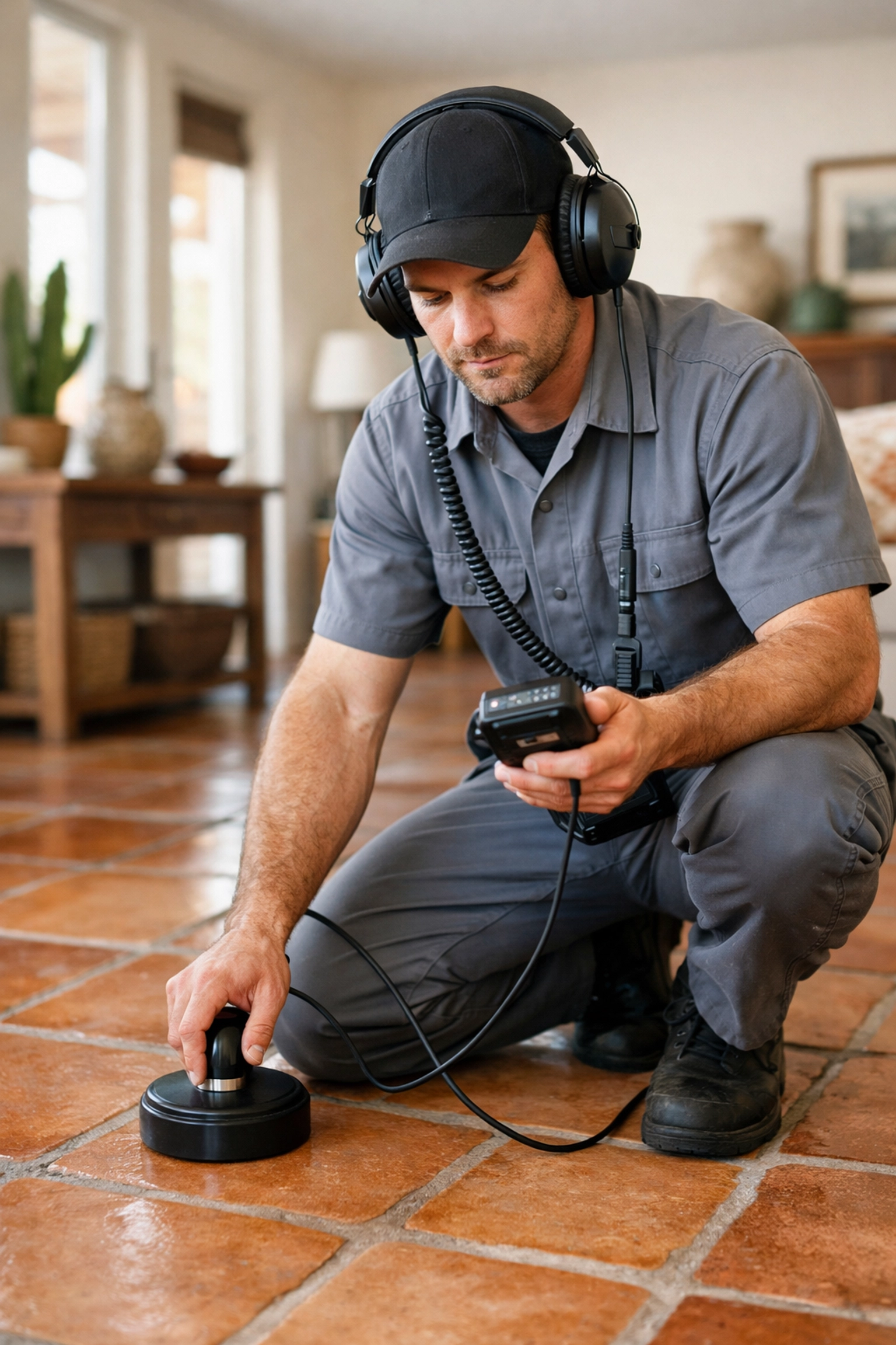 Coolidge plumbing technician performing non-invasive water leak detection with specialized acoustic equipment.