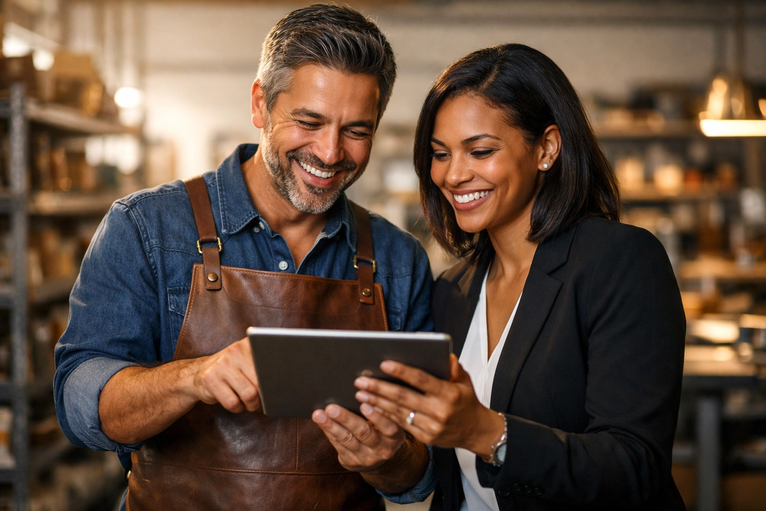 Diverse small business owners celebrating growth wins in a modern workshop with unique funding.