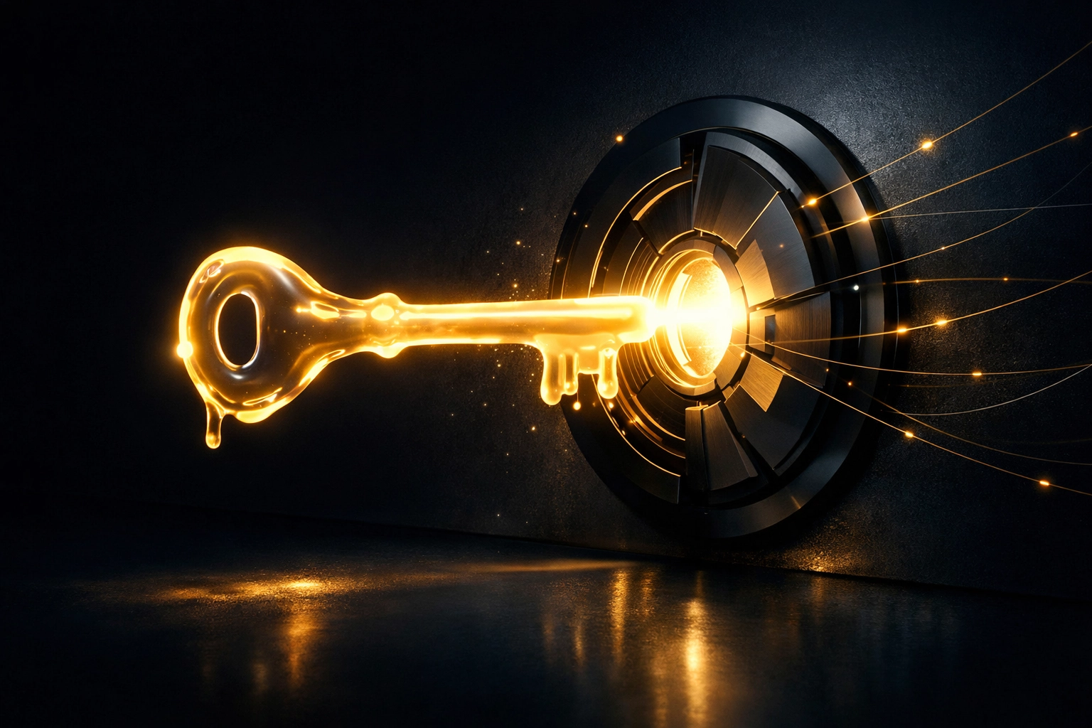 Liquid light key hovering before an abstract glowing vault aperture in a dark high-contrast environment.