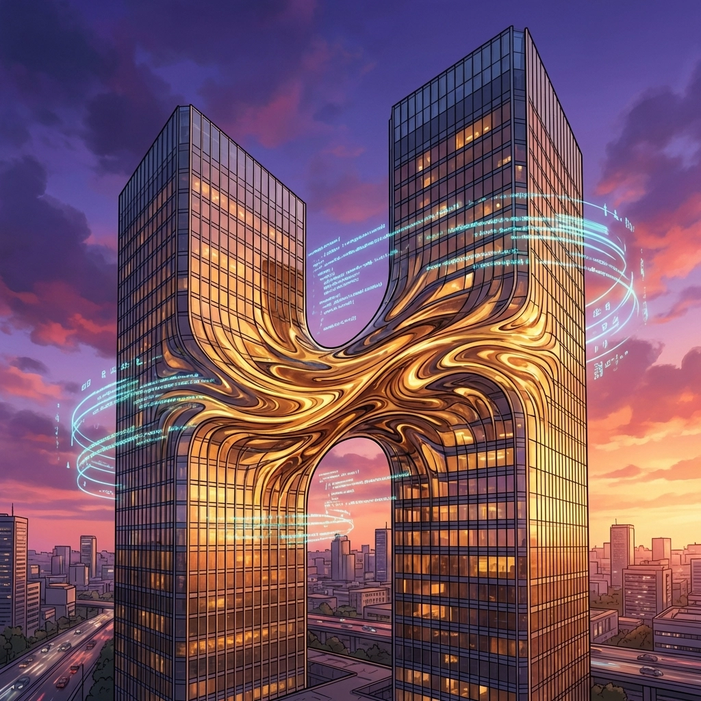 Two corporate towers merging at dusk, illustrating merger arbitrage strategies in institutional investing