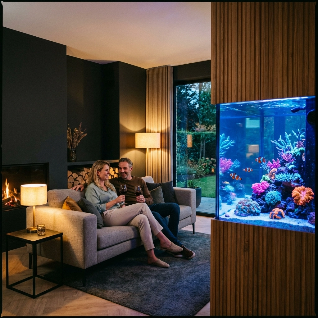 Couple relaxing and admiring their professionally maintained saltwater aquarium with healthy corals and fish