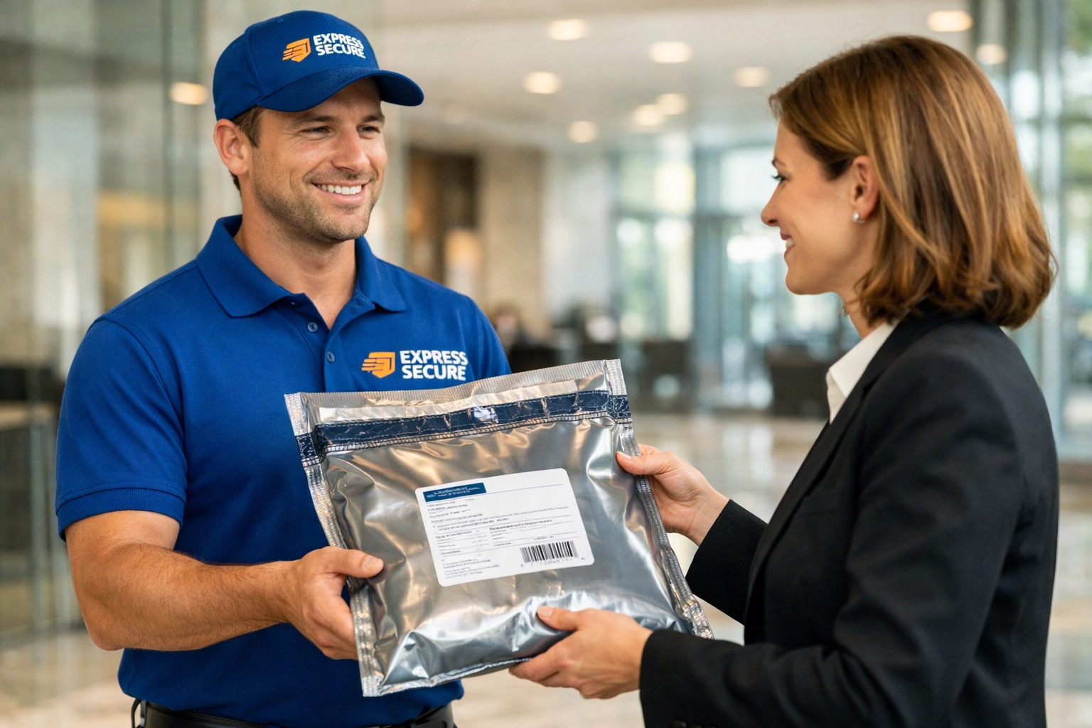 Professional courier delivering a secure tamper-evident document bag to an executive in a modern lobby.
