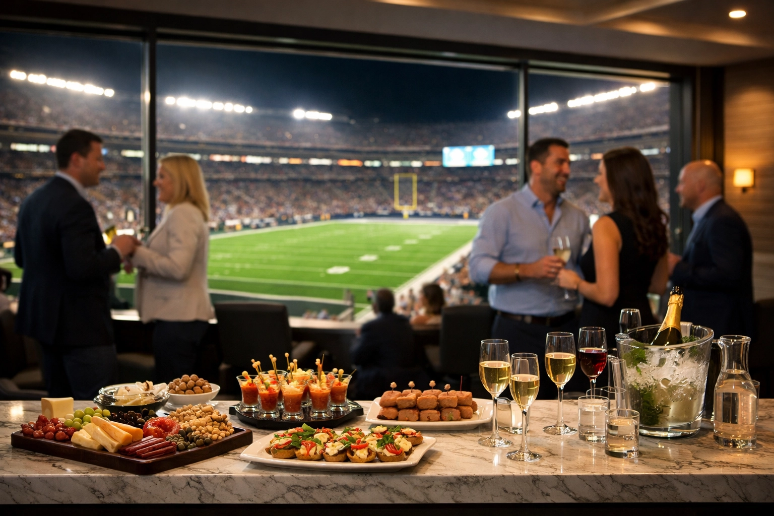 Luxury corporate hospitality suite overlooking a stadium field during a VIP event.