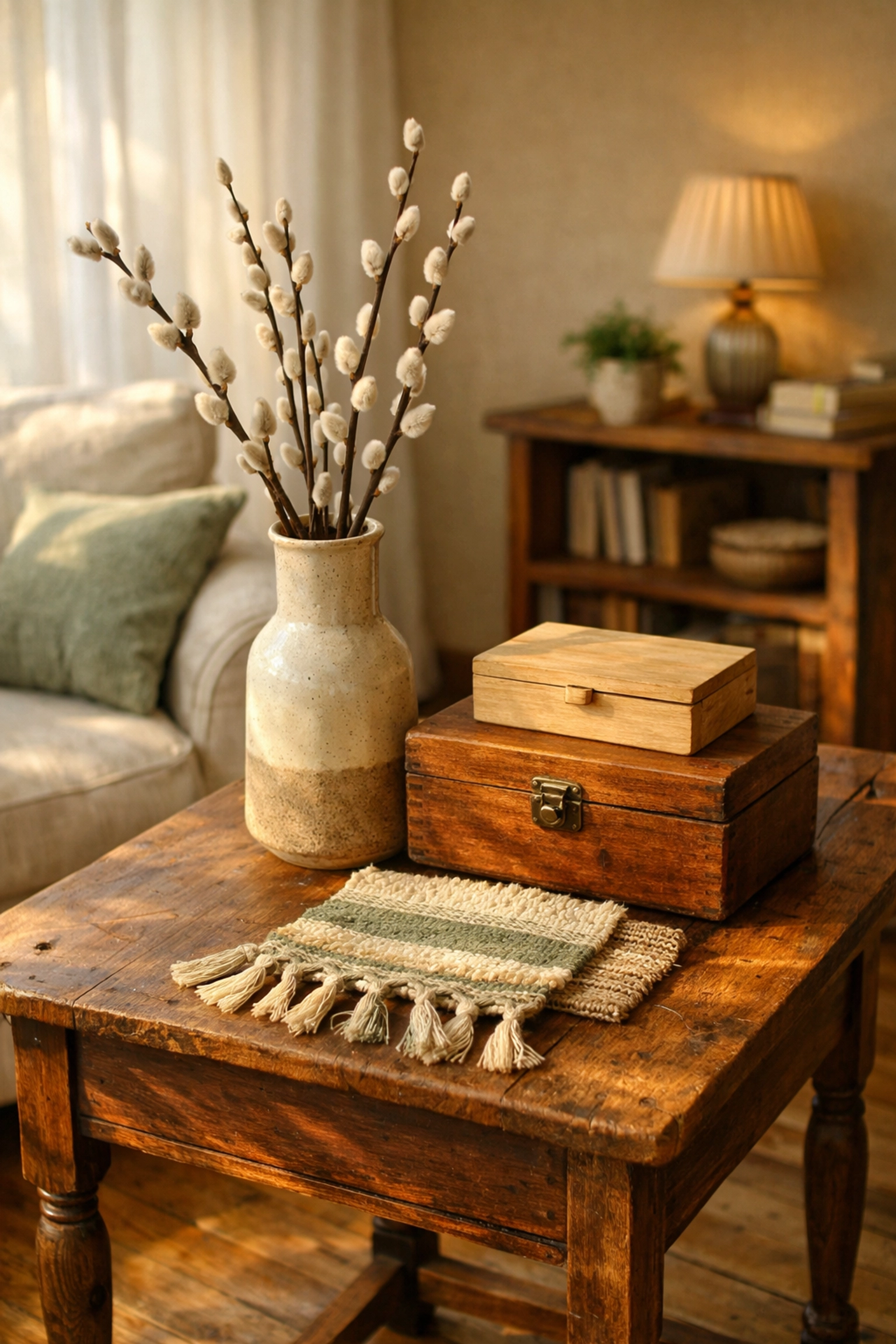 Rearranged living room with handcrafted ceramic vase and wooden boxes on side table in natural light