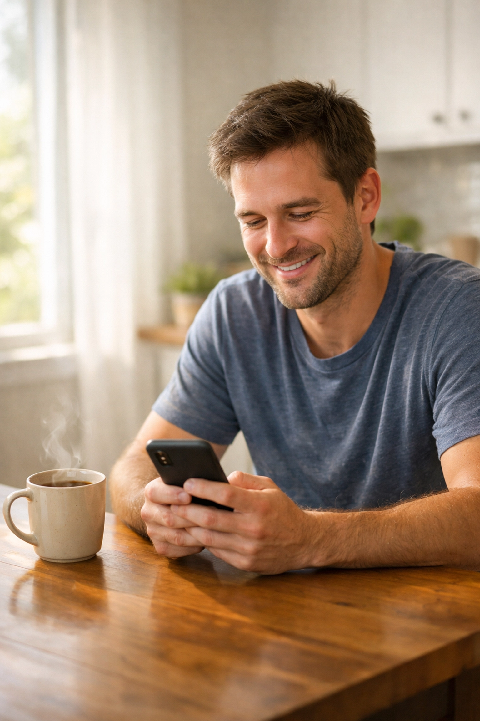 A smiling man using his phone to get instant approval for a bad credit loan in Canada.