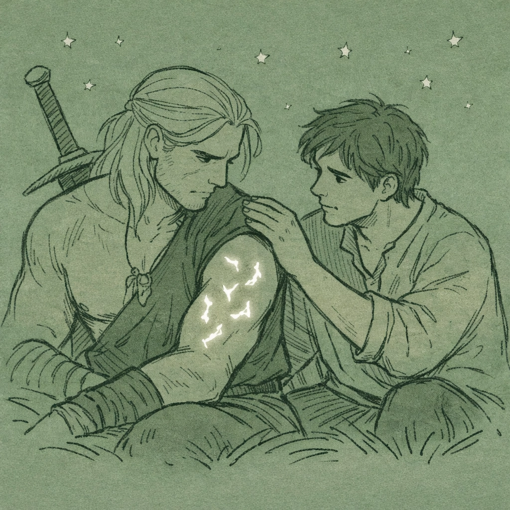 Witcher reveals magical curse to farmhand under stars - gay fantasy romance