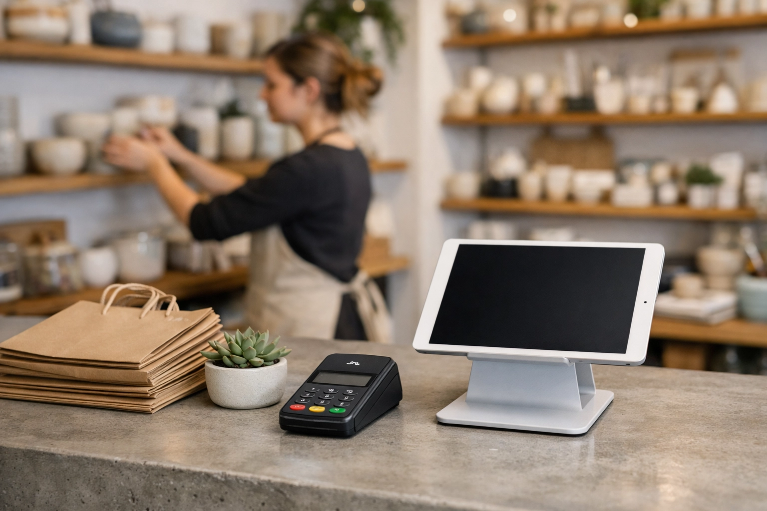 Modern retail POS system with card reader and tablet stand on a minimalist checkout counter in a UK gift shop.