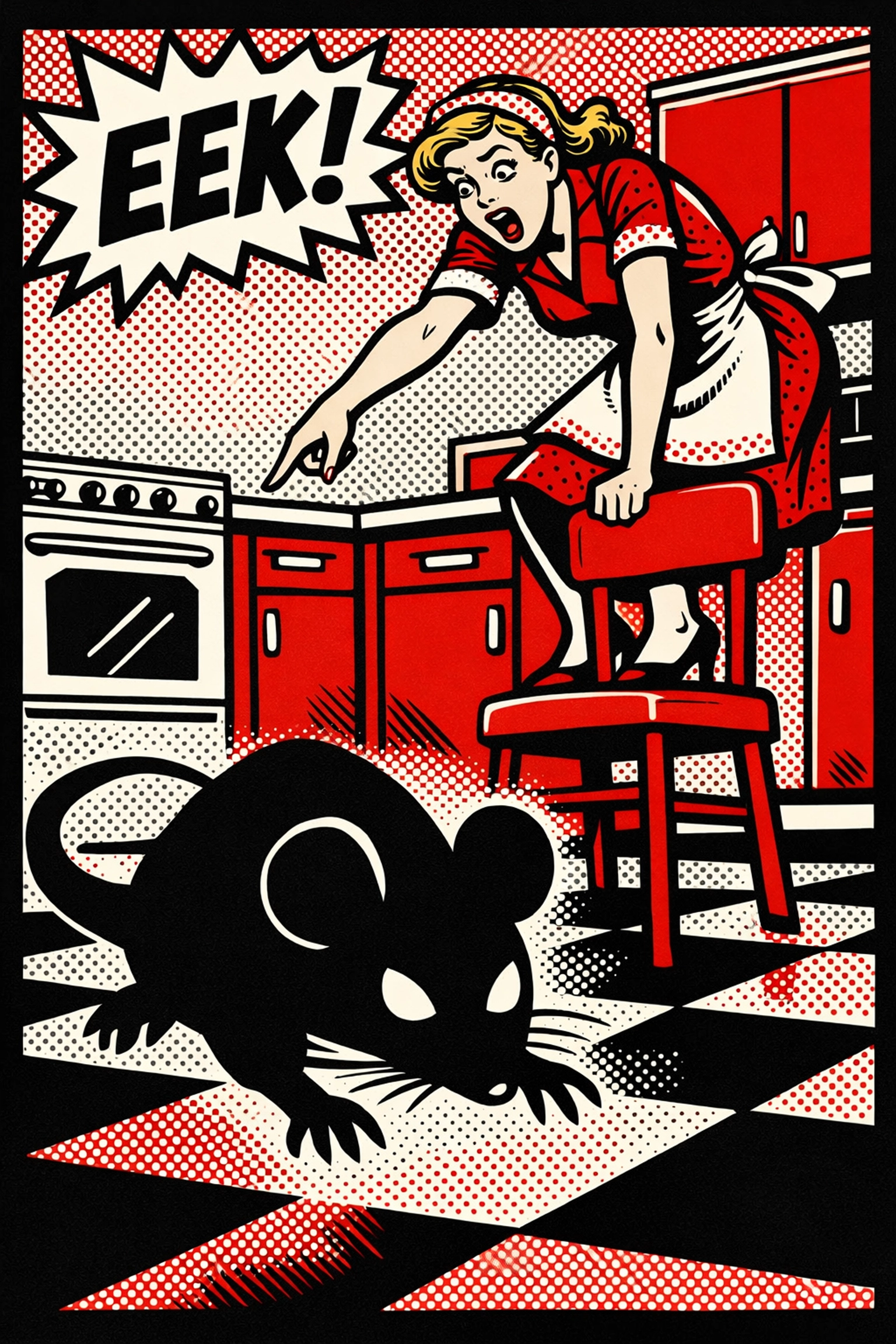 Retro comic art of a Jasper homeowner surprised by a mouse shadow in their kitchen during a rodent infestation.