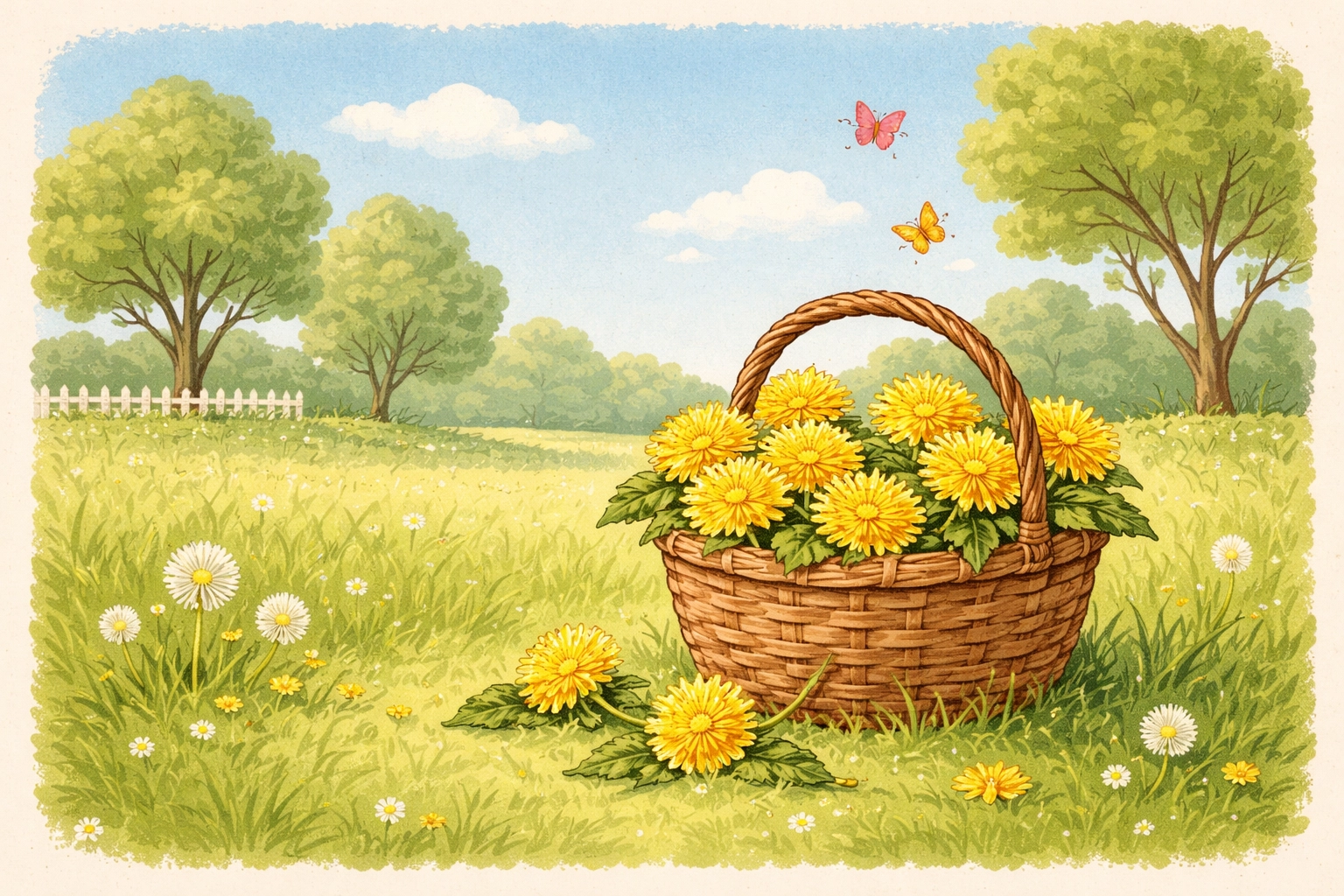 Basket of freshly picked dandelions in a sunlit backyard meadow for outdoor kids’ crafts