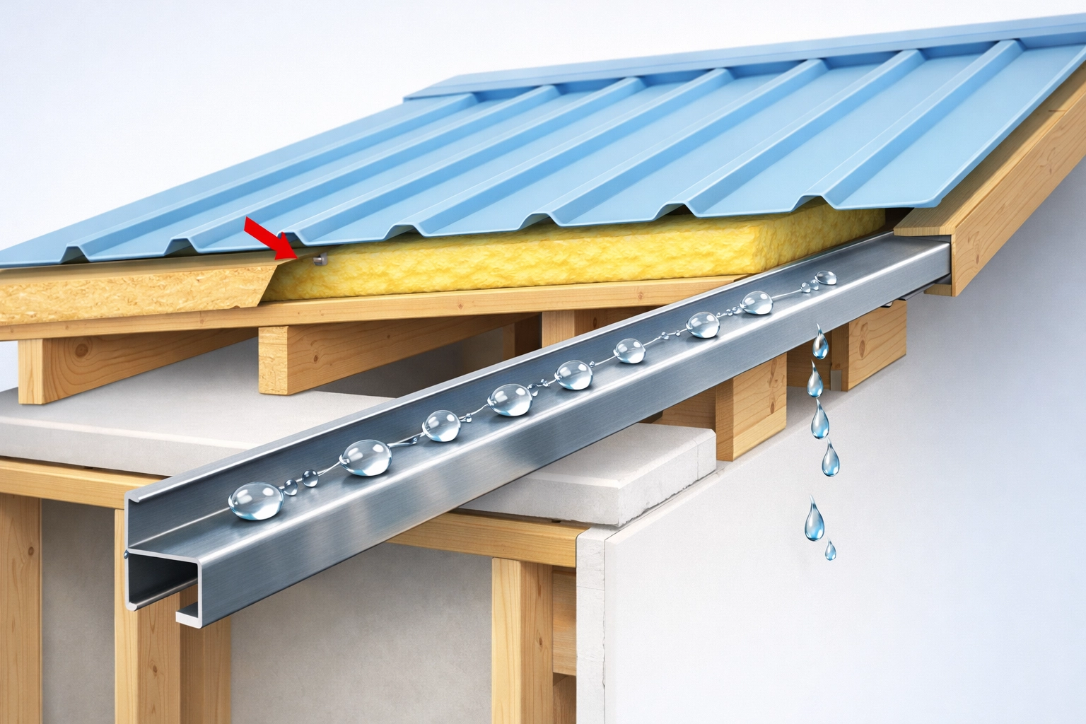 Cross-section of a metal roof showing a leak tracking along rafters for roofing sydney repairs.