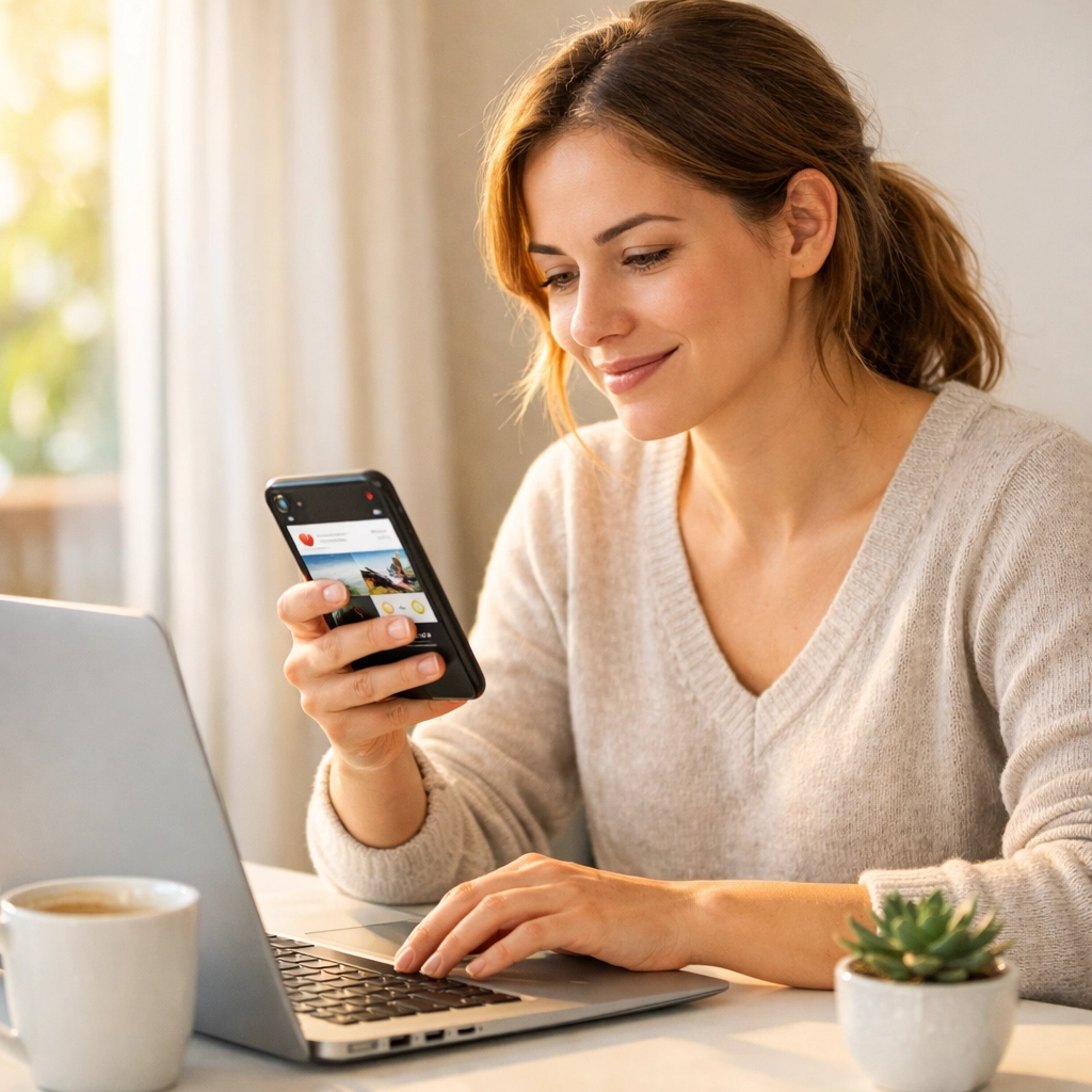 Woman reviewing AI-generated social media content on phone before posting to ensure authentic brand voice
