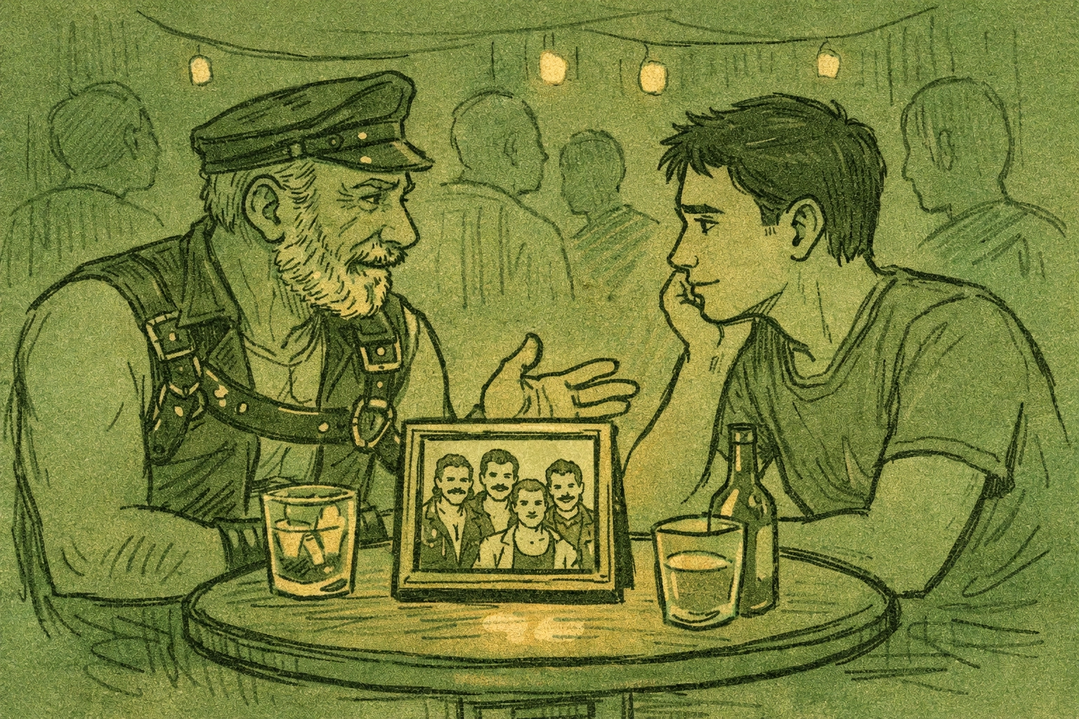 Intergenerational gay mentorship moment at leather club with vintage photo honoring LGBTQ+ history