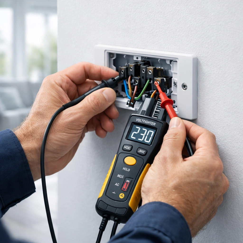 Electrician in Dorset using a voltage tester during a safety inspection of a residential socket in Poole.
