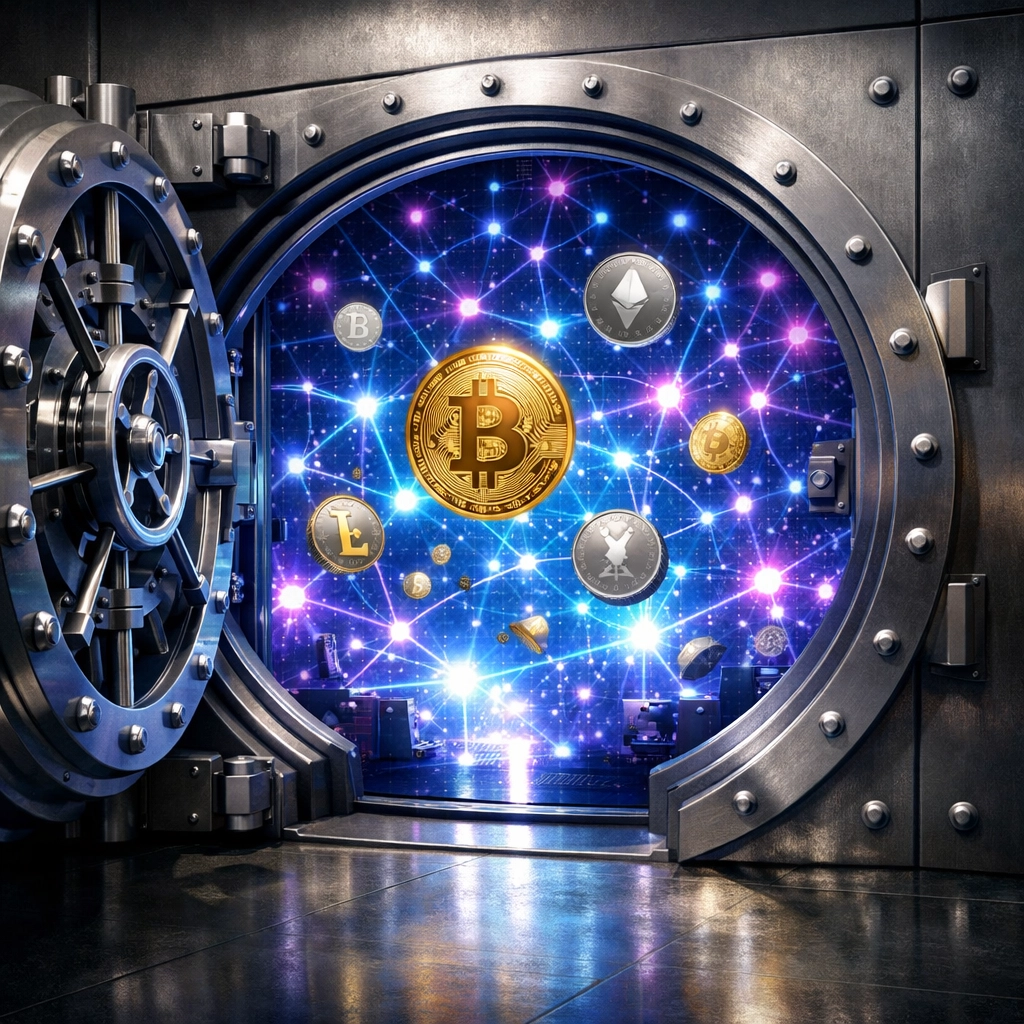 Secure vault protecting cryptocurrency assets with blockchain network visualization