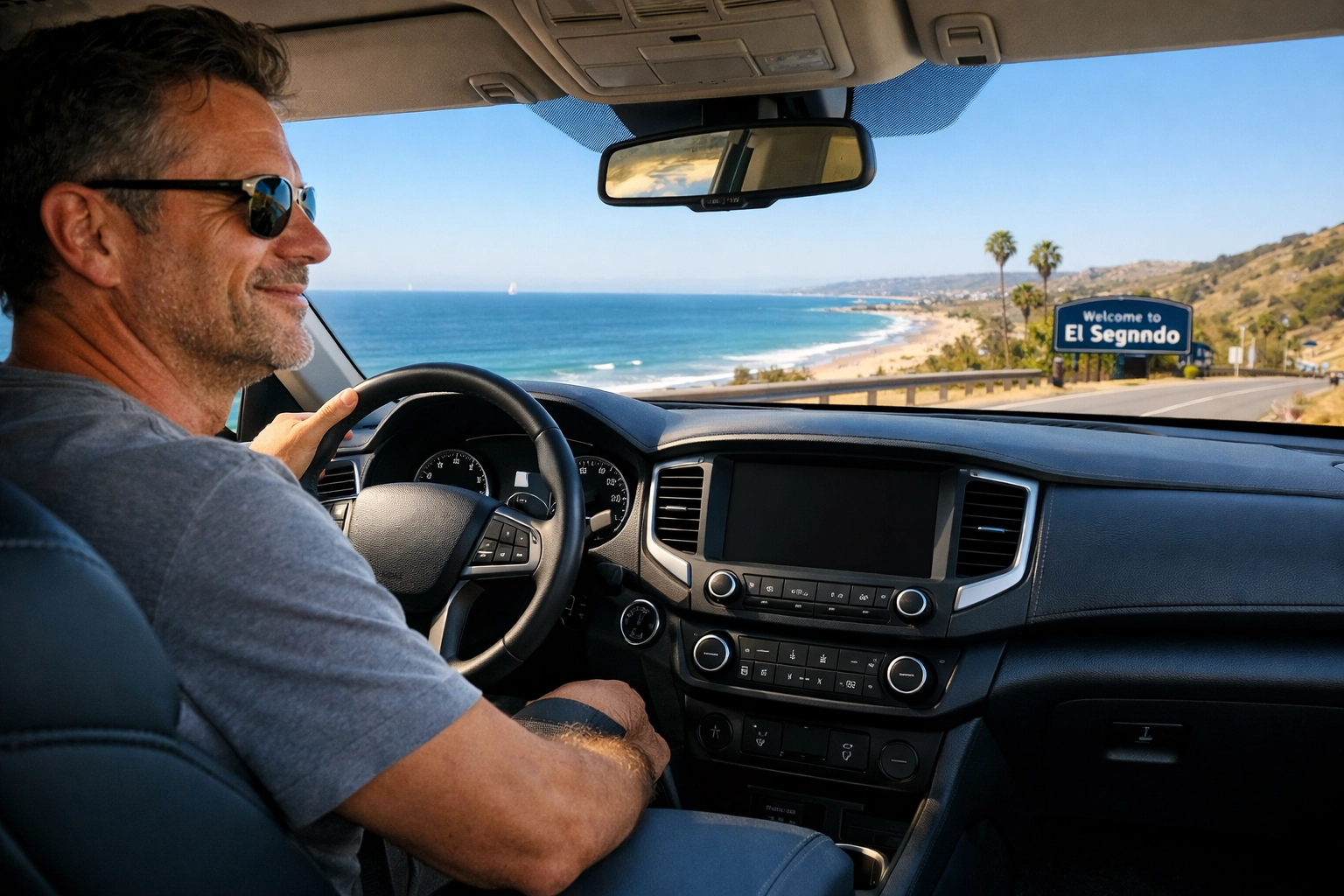 A happy driver in El Segundo with a clear dashboard after expert car diagnostics service.