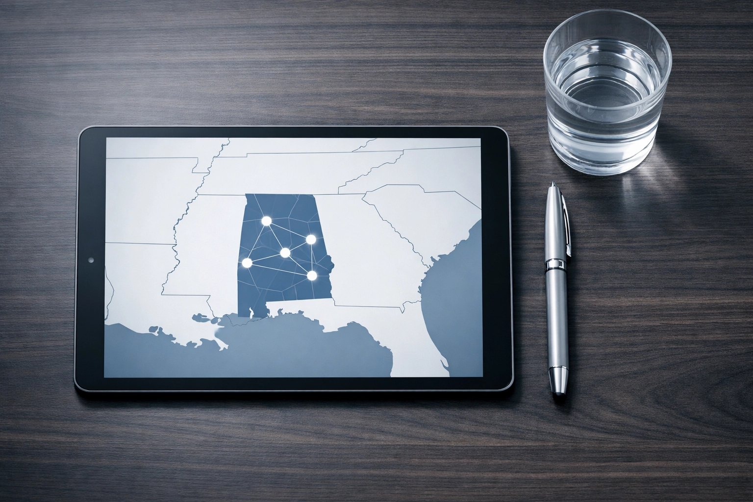 Regional Alabama map on a tablet highlighting market reach for business brokerage and valuations.