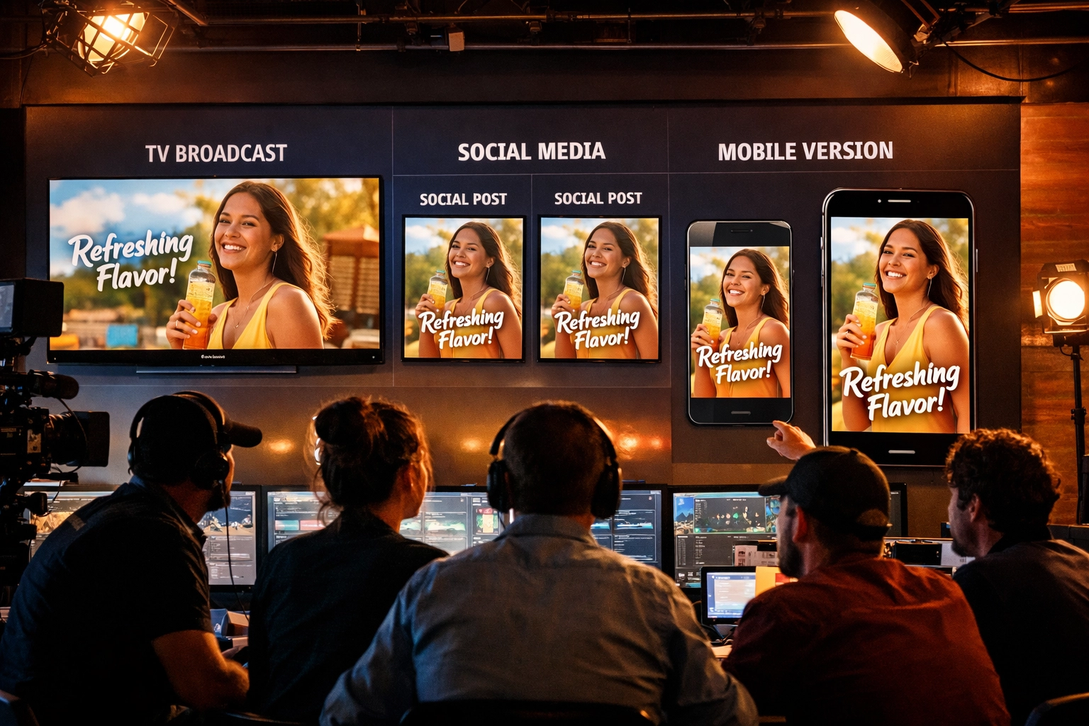 Creative team reviewing multi-platform advertising campaign across television, mobile, and social media screens