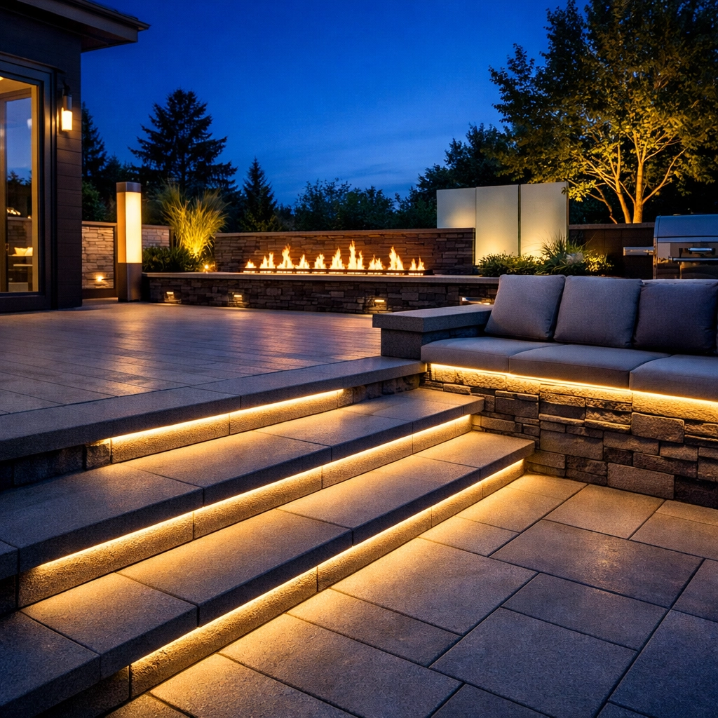 Smart outdoor lighting and gas fire pit on a modern stone patio at sunset.