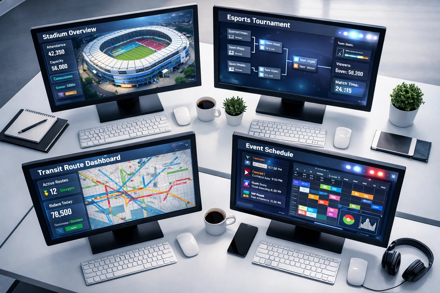 Multi-industry dashboards displaying sports, esports, entertainment, and transportation coordination systems