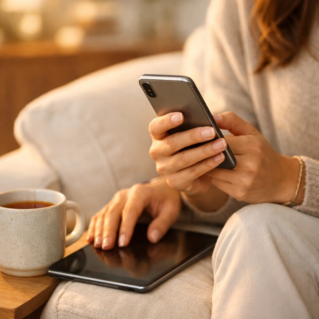 Woman applying for a no credit check loan canada on a smartphone for quick financial relief.