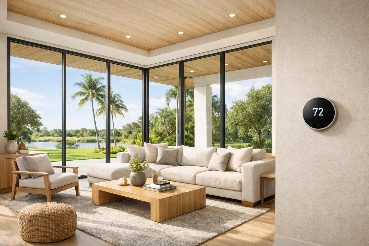 Modern eco-friendly living room in Florida with energy-efficient windows and sustainable design elements.