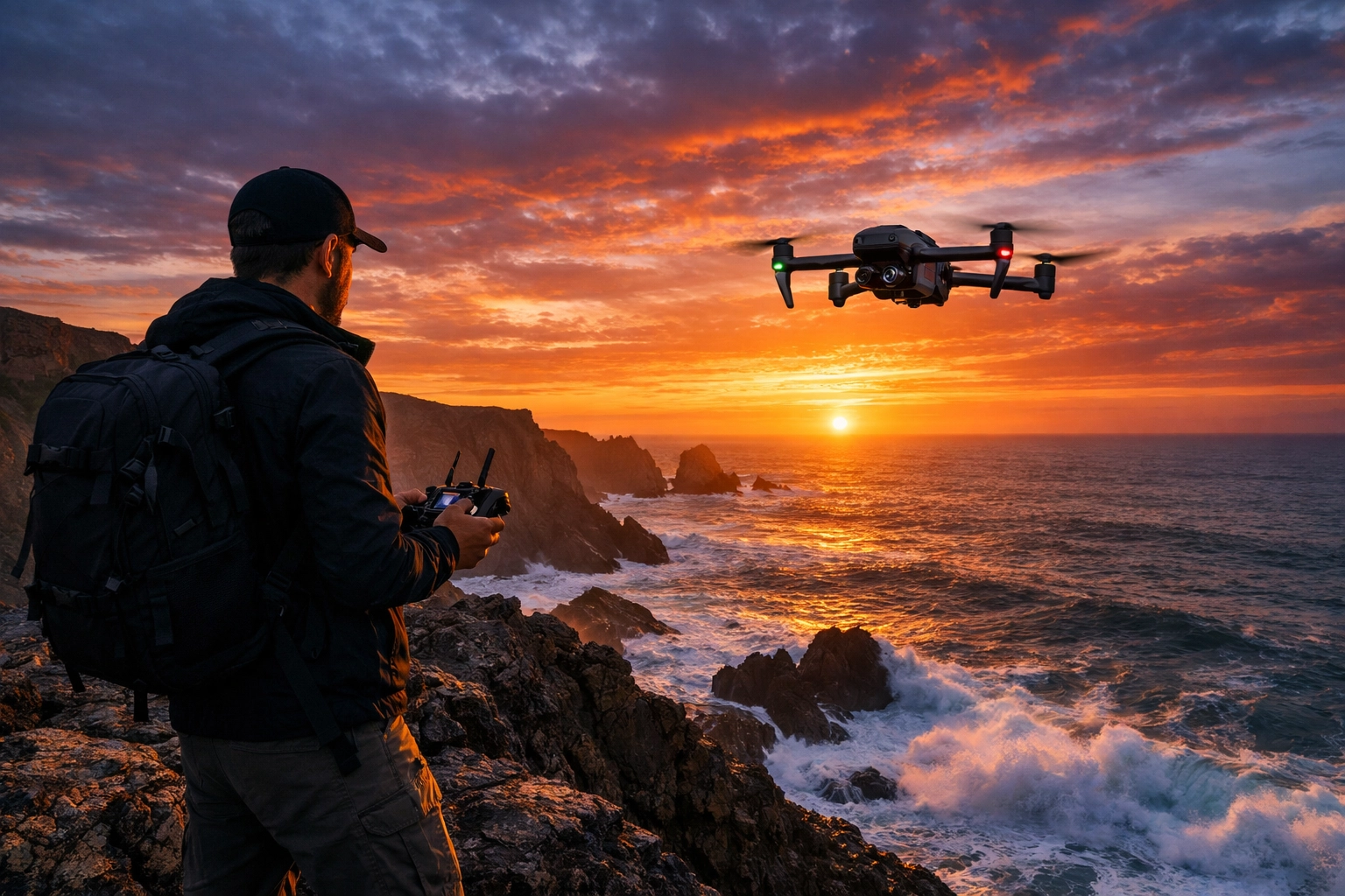 A photographer using a drone to capture high-end aerial images at a scenic sunset photo spot.