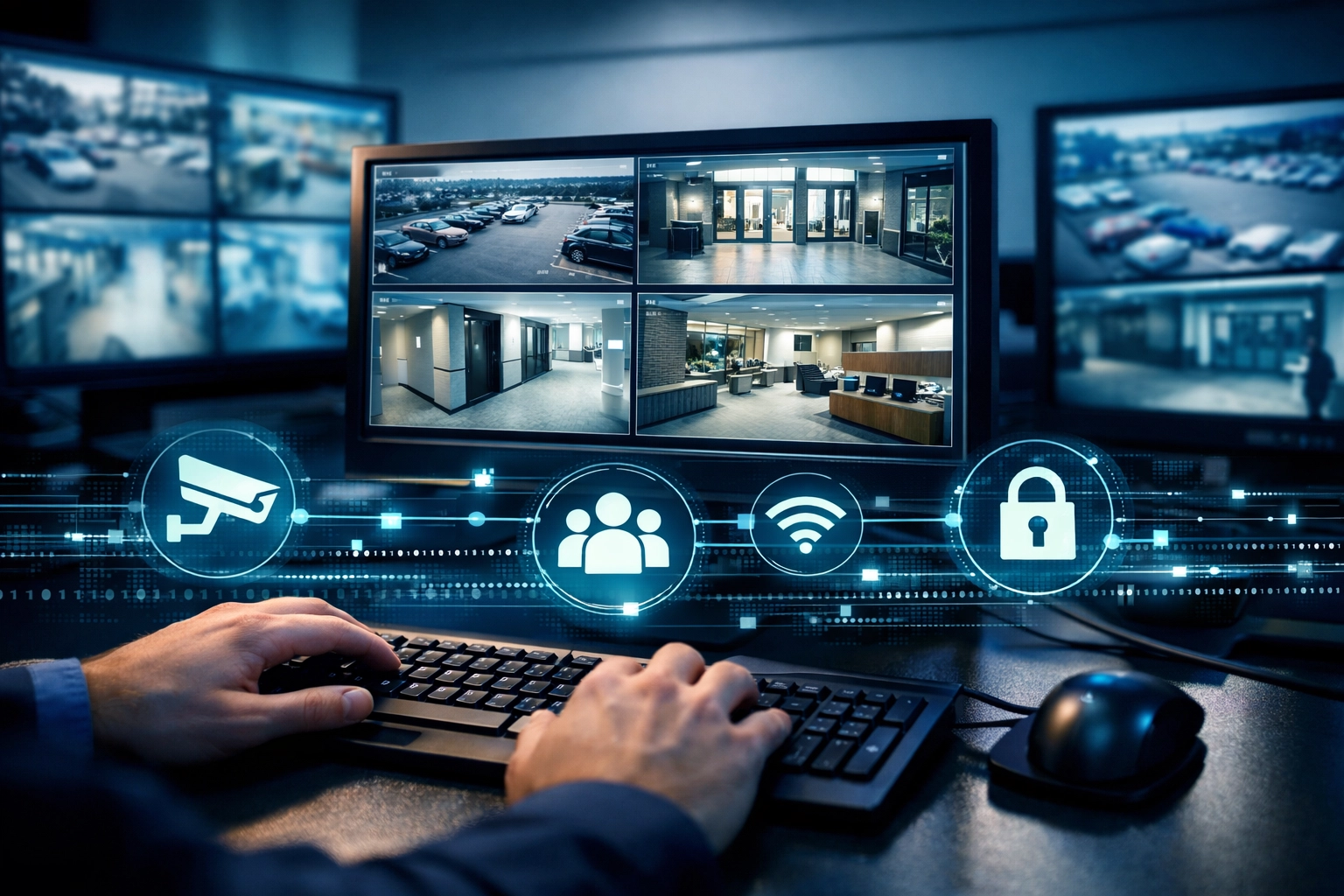 Dispatcher monitoring live security camera feeds in 911 operations center for Michigan business emergency