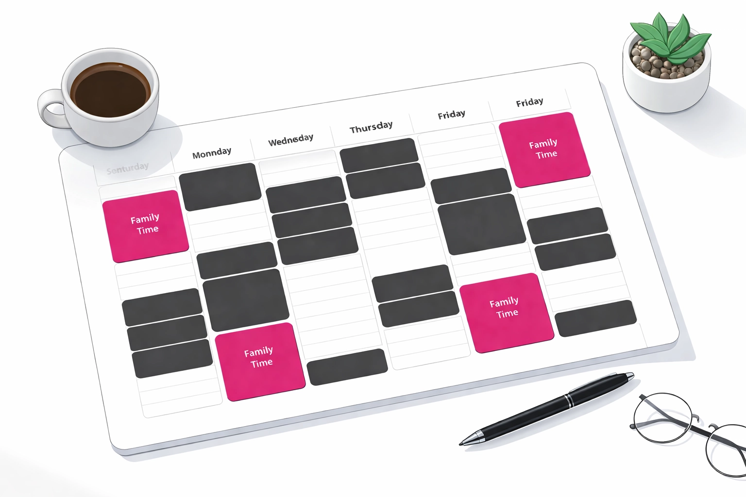 Weekly planner with time blocks for focused work sessions and protected family time