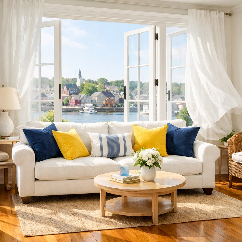 A clean, bright Lunenburg living room with open windows for improved indoor air quality.