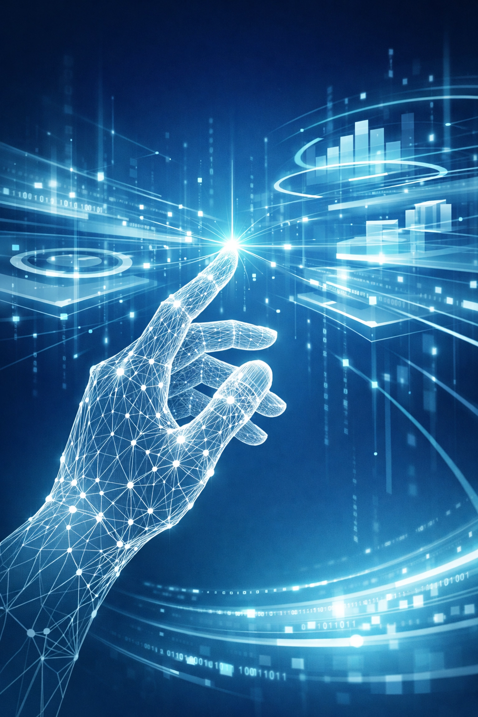 Translucent digital hand interacting with data networks, symbolizing the synergy between human strategy and AI automation.