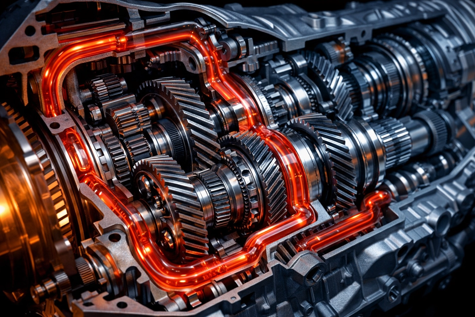 Detailed internal view of automatic transmission gears and red fluid during a drivetrain repair inspection.