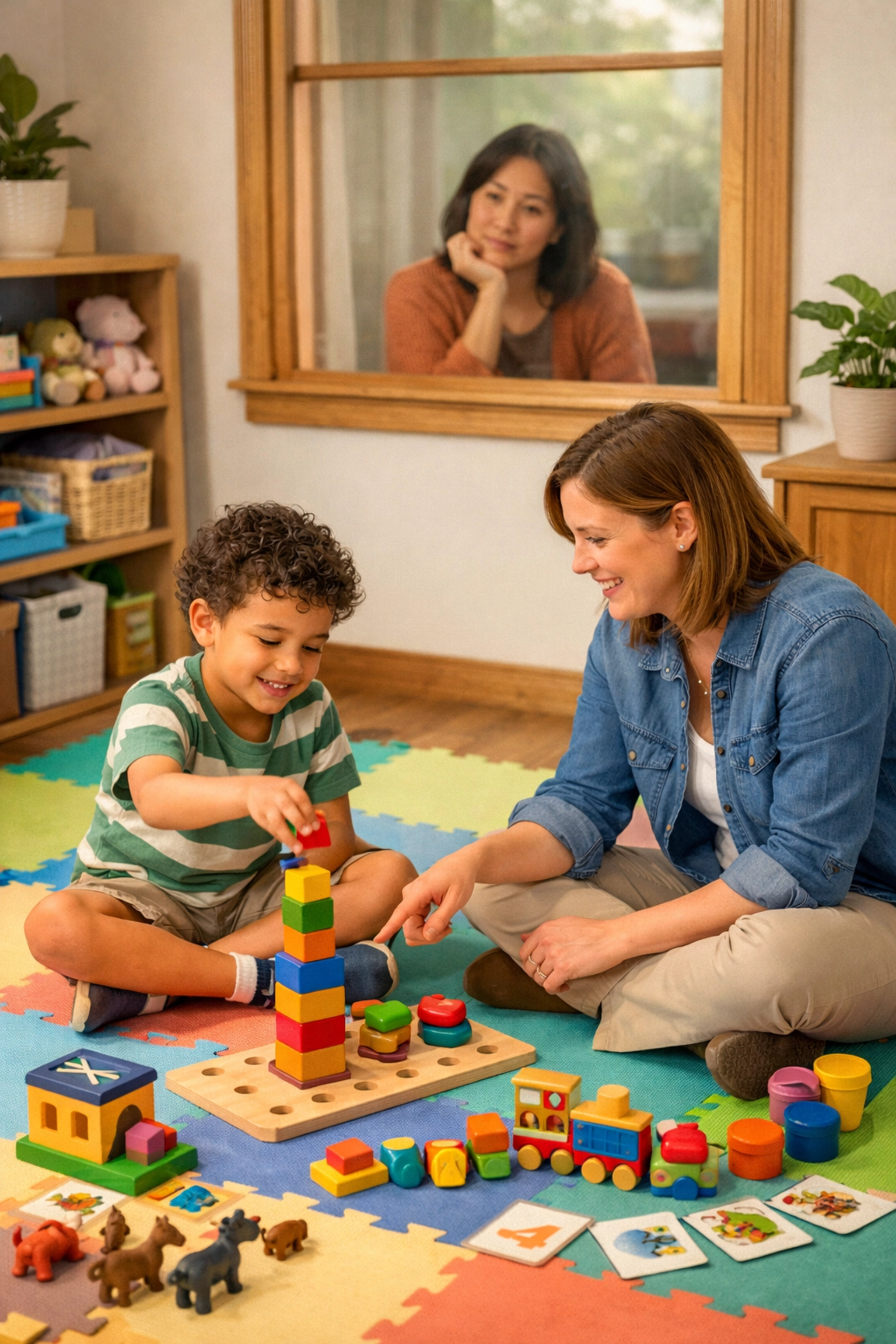 Child and therapist engaged in naturalistic ABA therapy with parent observing in Georgia