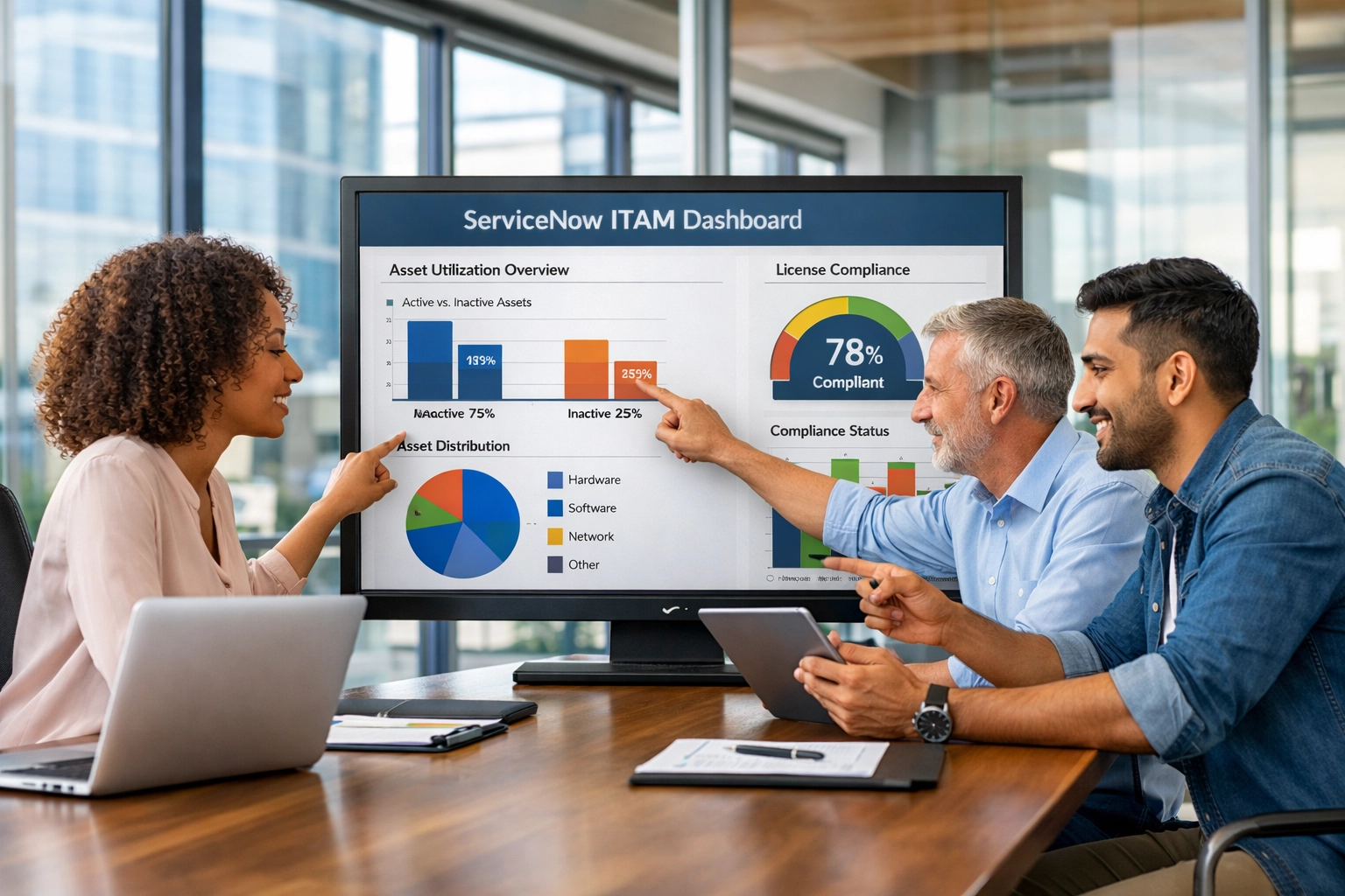 Team collaborating on ServiceNow ITAM dashboard reviewing asset utilization and compliance metrics