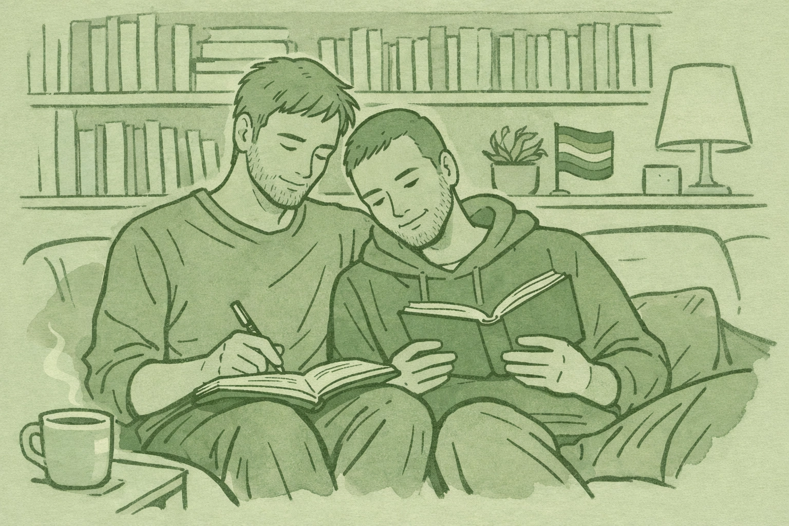 Gay couple reading LGBTQ+ books and journaling in safe apartment with rainbow flag