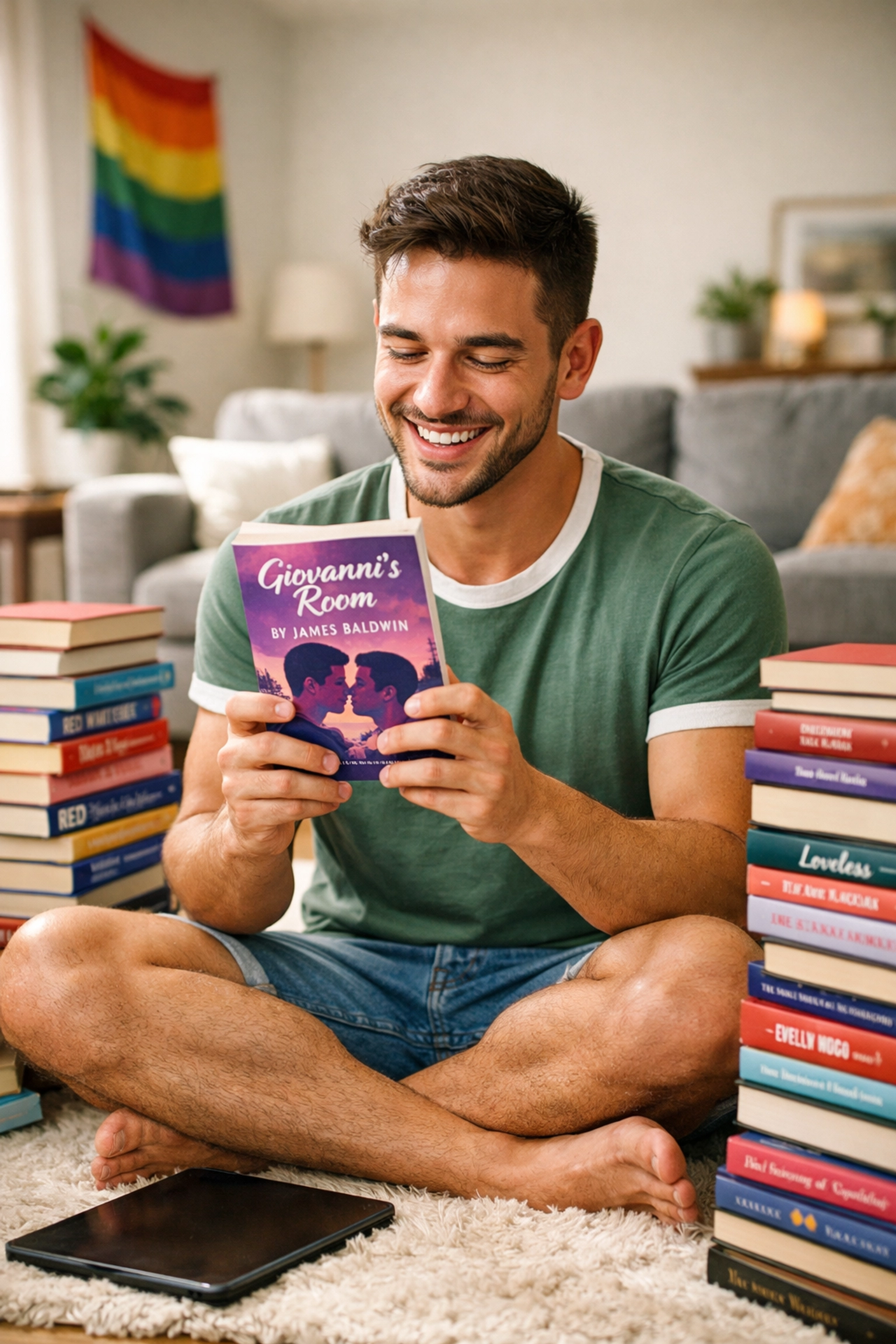 A happy gay man organizing stacks of LGBTQ+ fiction books and his tablet for a new reading challenge.
