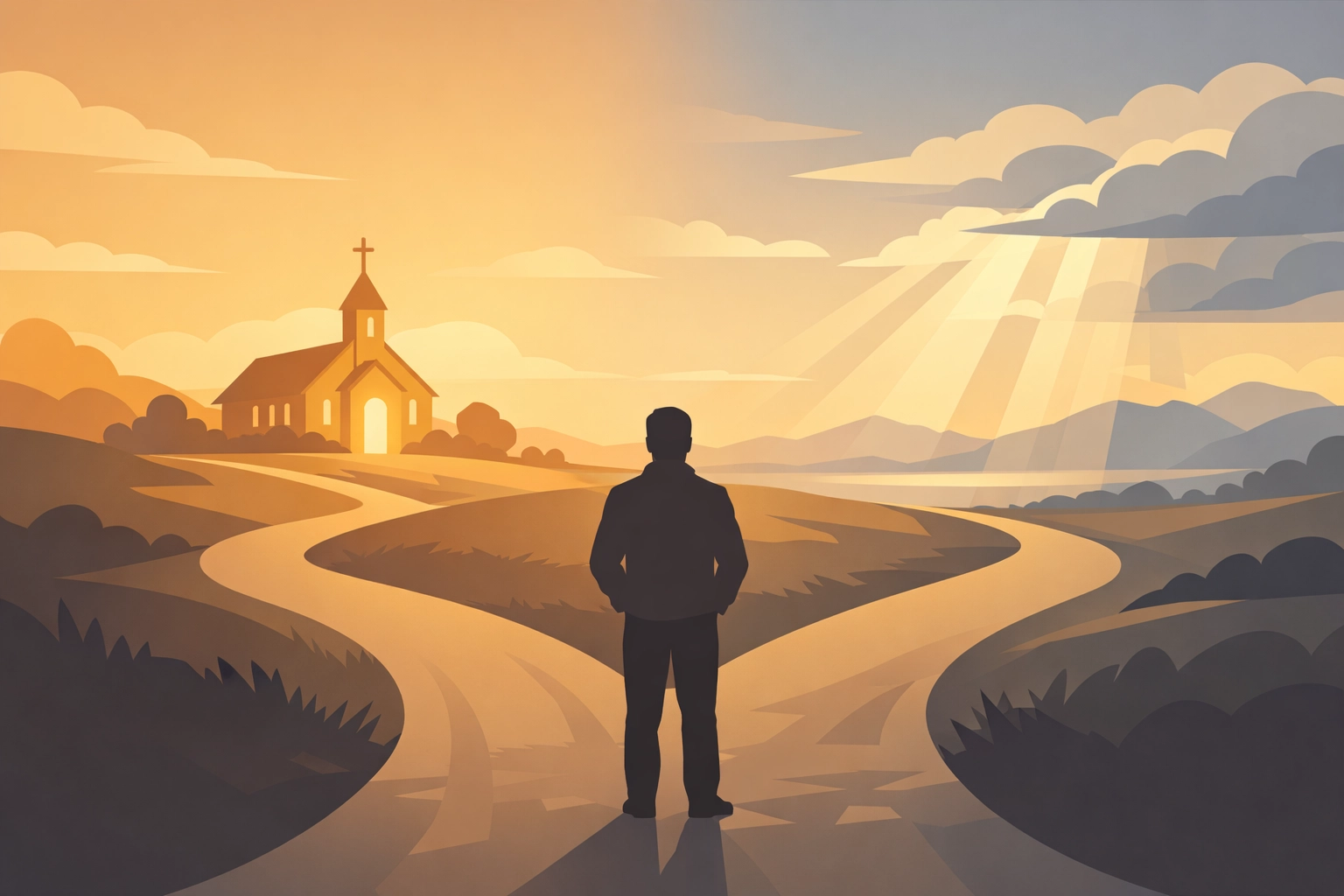 Person choosing between church and faith paths after spiritual disappointment