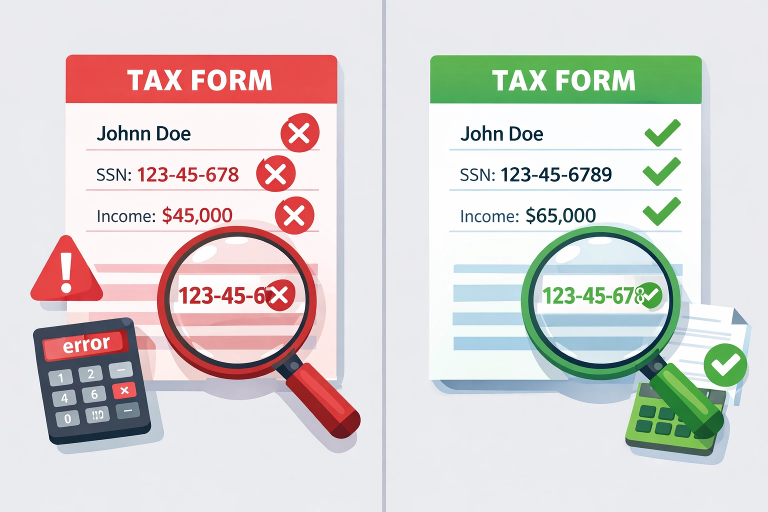 Tax form showing common filing errors vs corrected information to maximize your 2026 refund