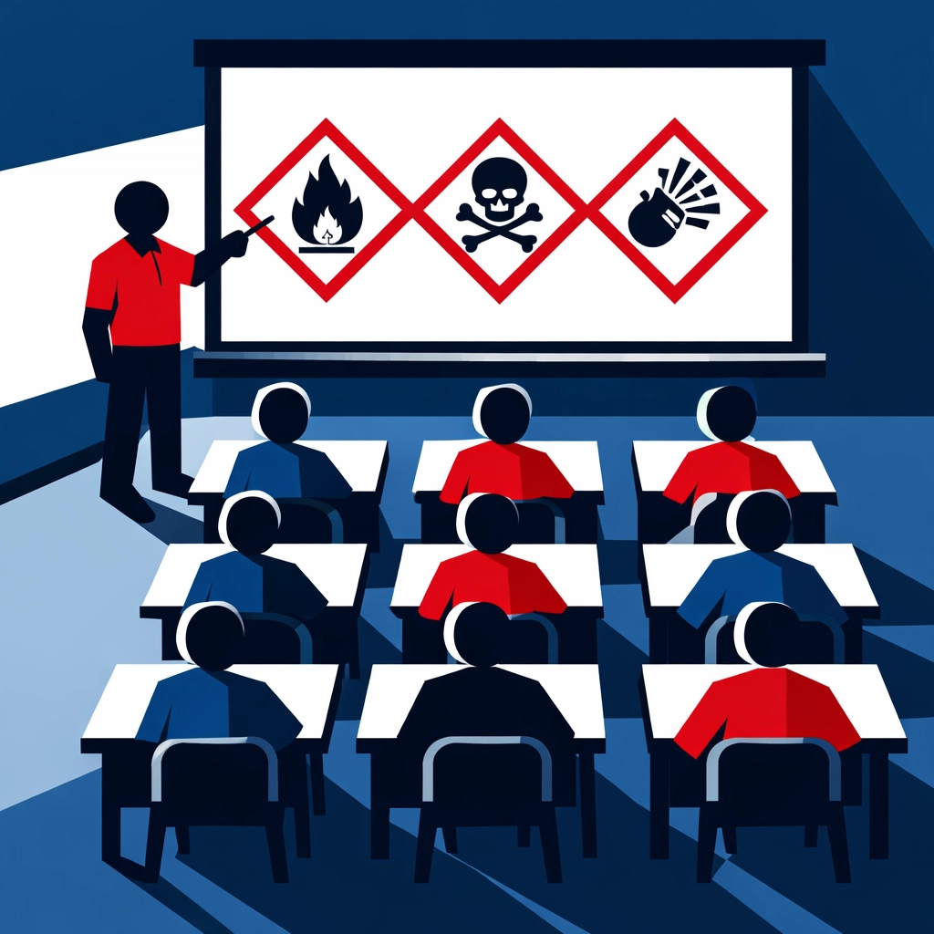ADR training classroom with students learning hazard classification symbols