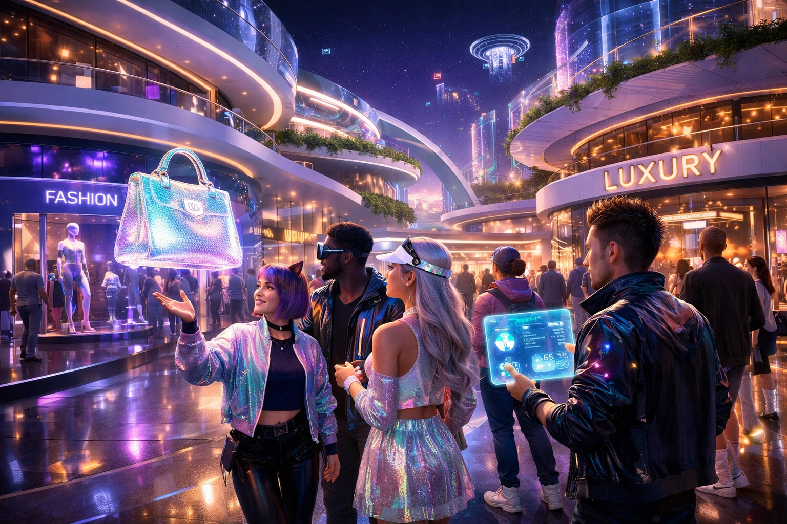 Digital avatars browsing holographic storefronts during a social shopping experience in the Larecoin Metaverse.