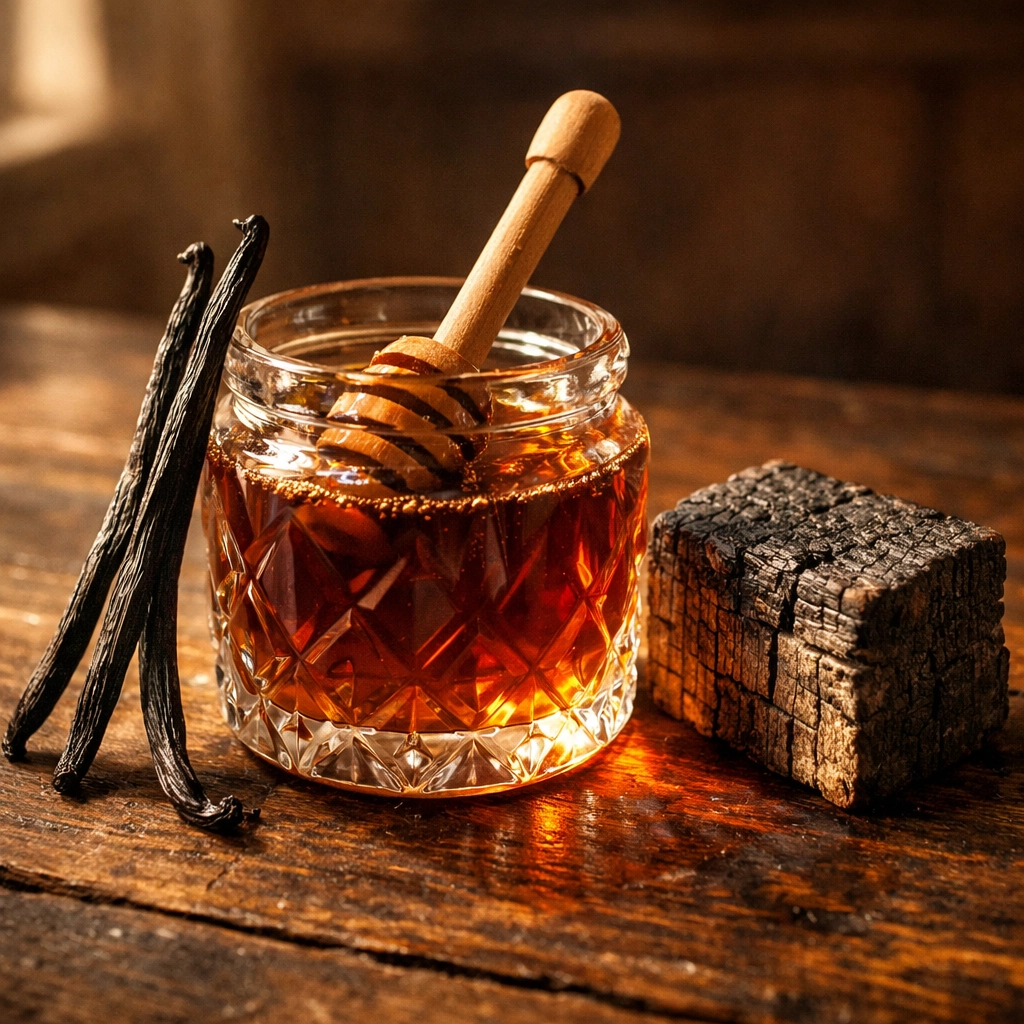 Natural maple syrup, vanilla beans, and charred oak representing Maple Bourbon coffee flavors.