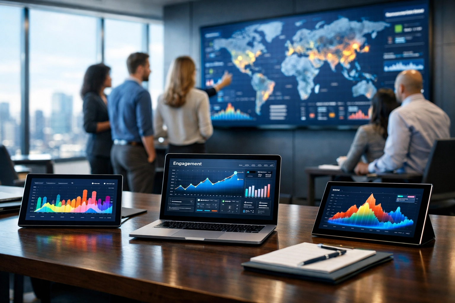 Marketing professionals in a high-tech corporate strategy center analyzing Super Bowl data.