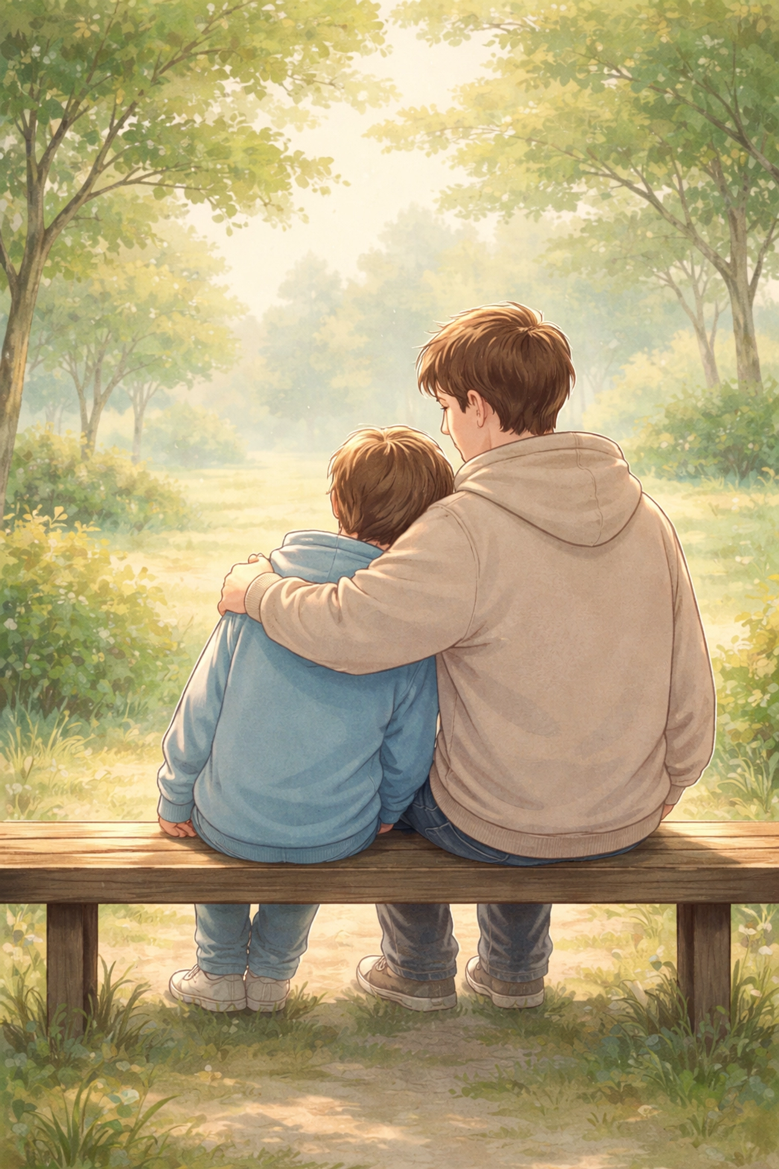 Parent and child on a park bench in hoodies, showing sensory regulation and emotional connection