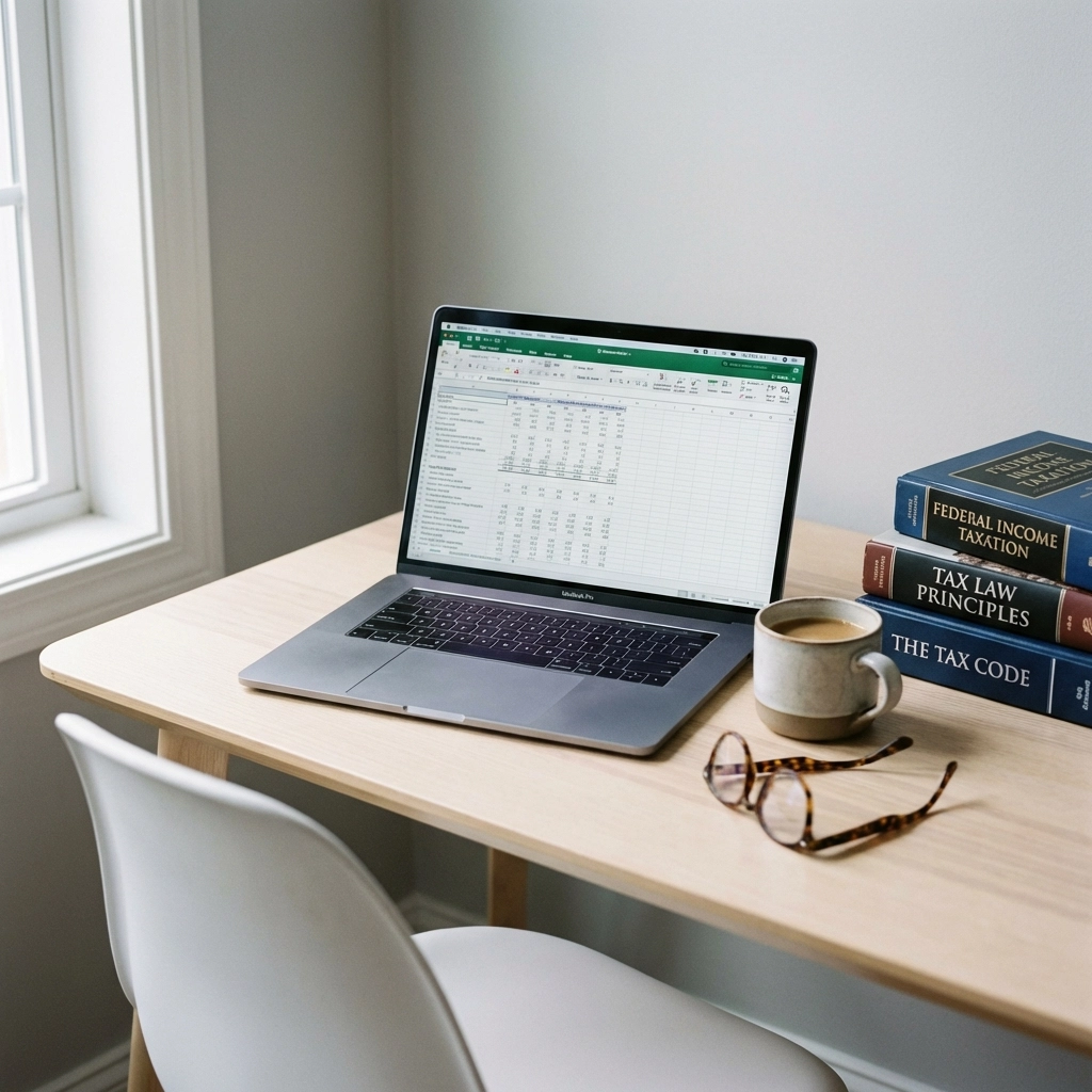 Modern home office desk with laptop, tax textbooks, and coffee cup showing a tax preparer's study environment