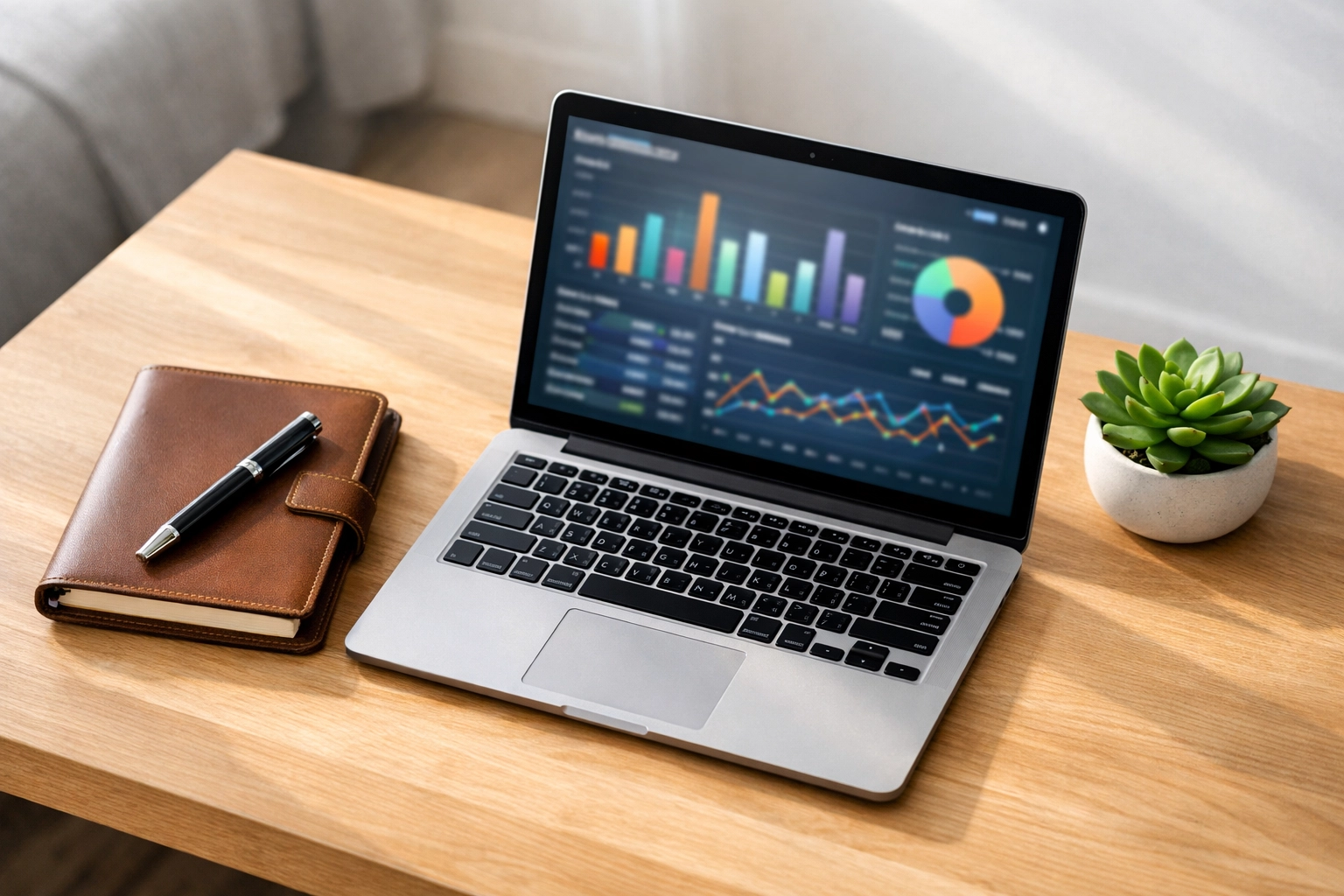 Financial dashboard on a laptop with a planner, representing human-led startup accounting and oversight.