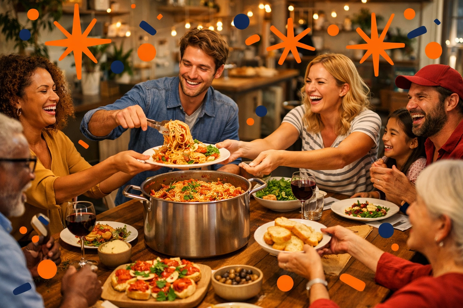 Friends and family enjoying a large Sunday dinner served from a professional stock pot.