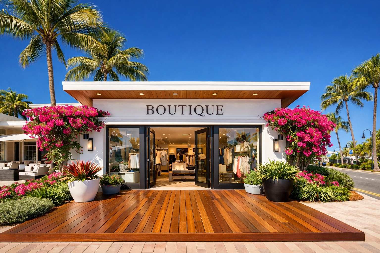 Tropical storefront representing a turnkey business for sale in Fort Myers Beach with strong curb appeal.