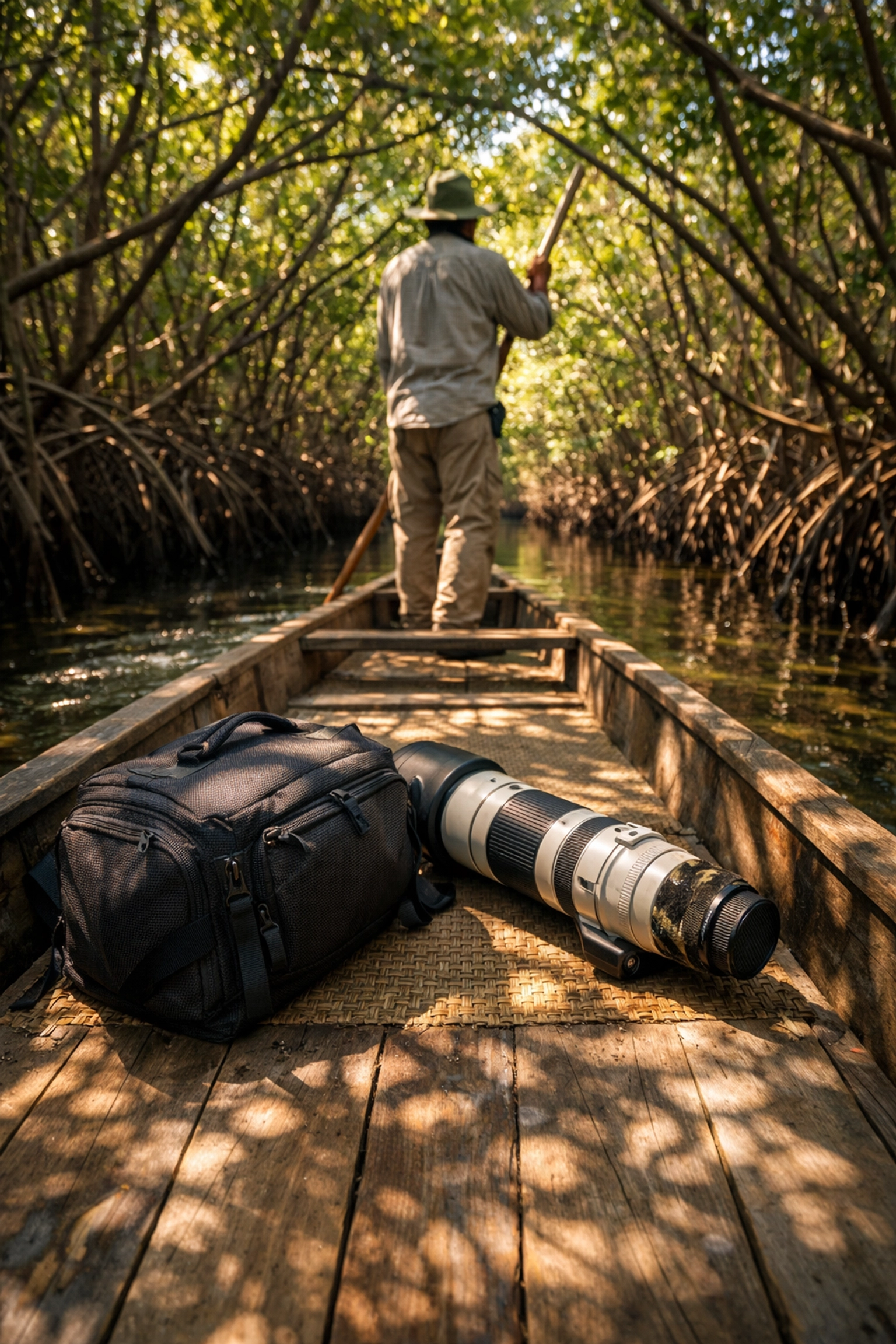 A quiet pole boat gliding through a mangrove tunnel on an Everglades photography tour.