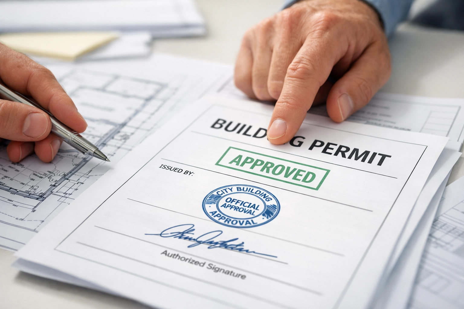 Building permit documents and blueprints for Orlando home renovation approval process